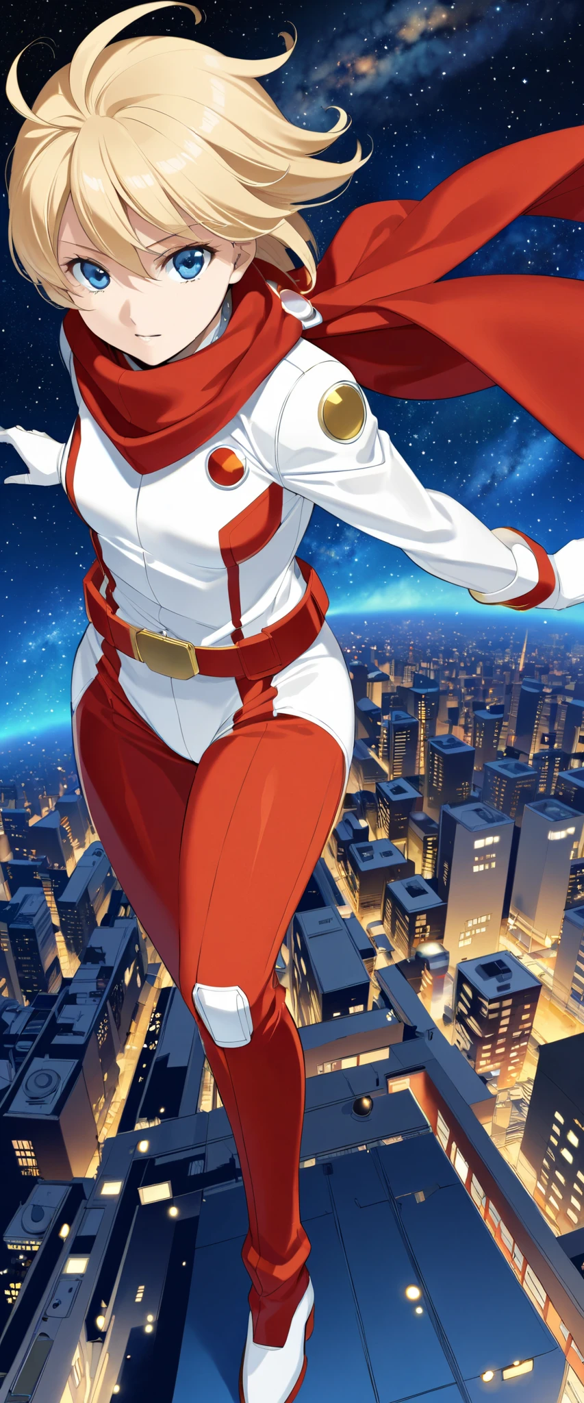  very real and detailed 、 blond hair、 wearing a white cyborg 009 costume and wearing a red scarf。 beautiful woman's 003 、Françoise Arnou 、Detailed image of Cyborg 003 、Flying through buildings from the night sky 、 Milky Way Galaxy on Background 。