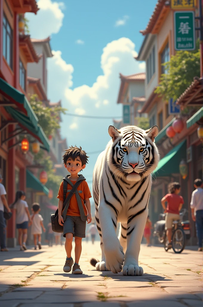 A tiger walking with the chilthe busy street