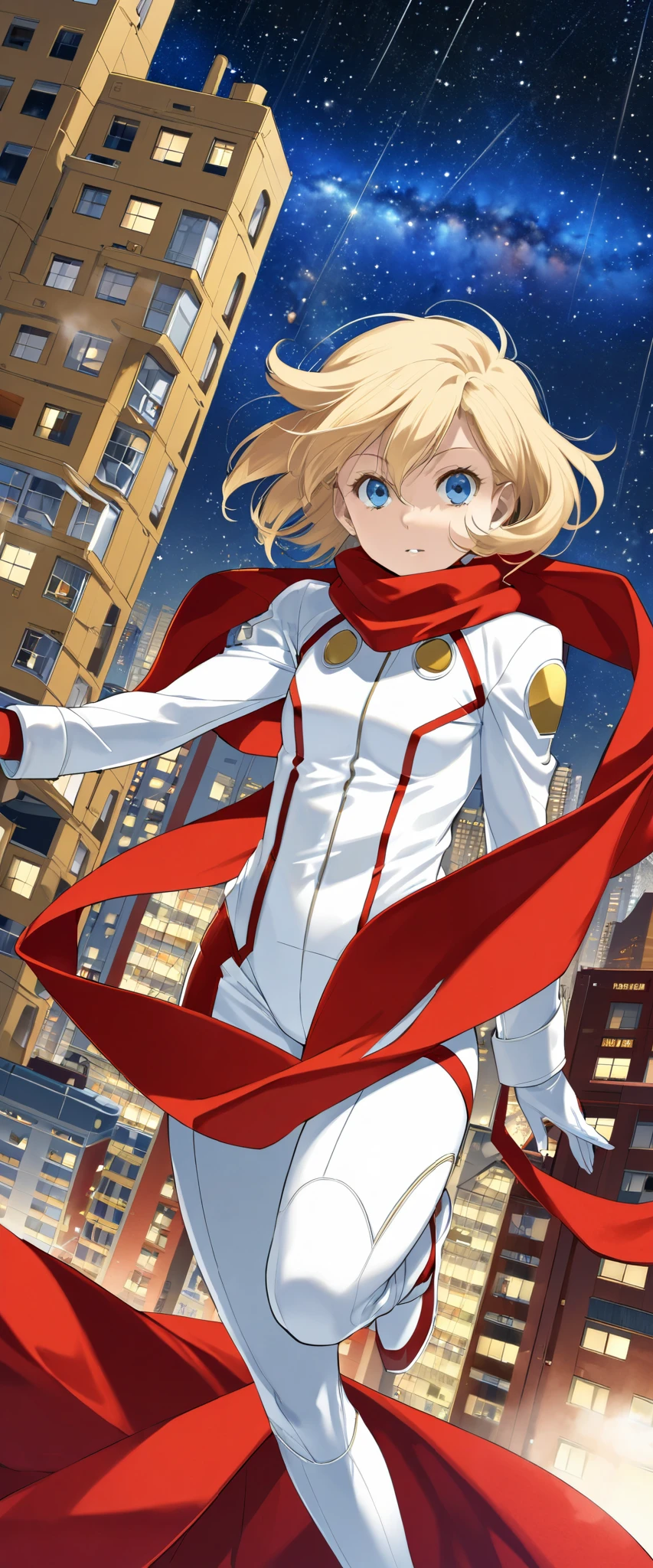  very real and detailed 、 blond hair、 wearing a white cyborg 009 costume and wearing a red scarf。 beautiful woman's 003 、Françoise Arnou 、Detailed image of Cyborg 003 、Flying through buildings from the night sky 、 Milky Way Galaxy on Background 。