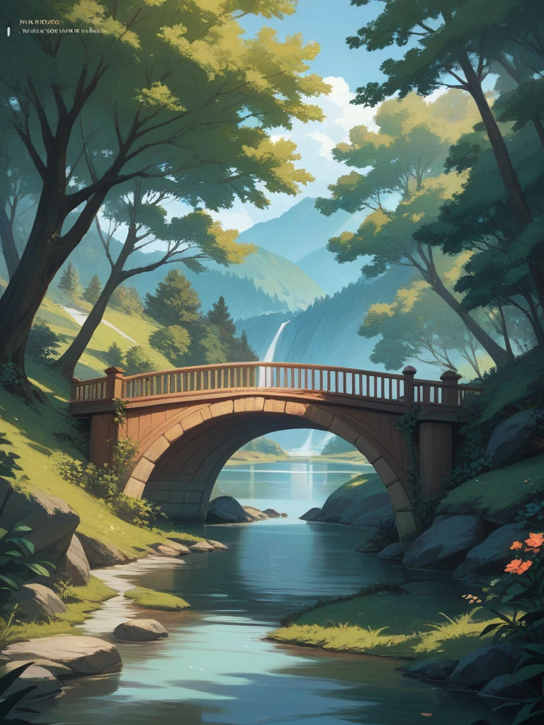 Background of an illustrated landscape of a forest with a river in the center and a wooden bridge in the background.