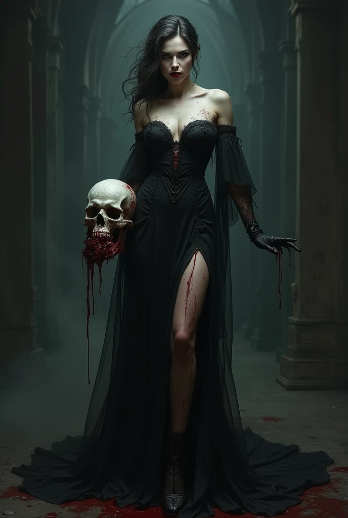  Black vampire bride with bright red lipstick in a provocative dress, with her husband's dead head in her hands ,  high resolution ,  better fantasy quality  