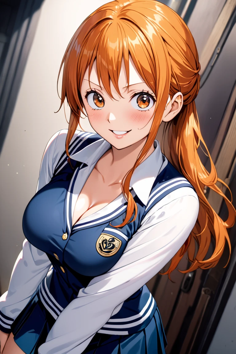 masterpiece, Best Quality, High resolution,16k,official art,super detailed skin,detailed,animated painting,(Nami:1.5),(onepiece:1.2),1990s \(style\),(E-cup beautiful breasts)、 (tall:1.2),height: 175cm,Fashion model body type、clevage, Sexy long legs,(highschool uniform,white long-sleave shirt,mini skirt:1.2), oraneg hair、long hair,big eyes,long eyelushes,Muscular、1girl,solo,nsfw,sexy,happy,light smile,shy,blush,(vulgarity:1.3)、(Ahegao:1.2),Anime-style painting style,Close up on upper body,Cinematic lighting,Superfine,Seductively Posing,dynamic angle, closeup shot,simple white background,Sweating all over the body,splead legs,morning,closeup