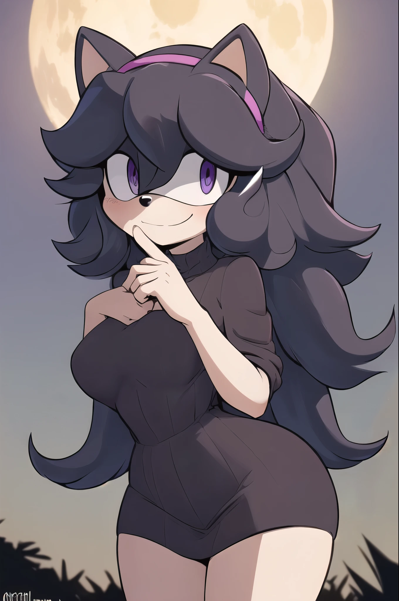 ((masterpiece,best quality)), absurdres, (hex maniac), (pokemon), long hair, ahoge, purple hairband, purple eyes, @_@, long black dress, hex maniac dress, shy smile, half closed eyelids, looking away from viewer, (shy expression), medium breasts, hourglass figure, cowboy shot, head tilt, full moon, hands behind back, (Mobian), cat, Mobian cat, sonic oc, Sonic the hedgehog series style, solo, 1girl