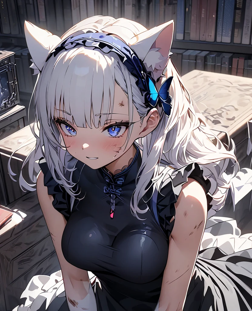 (((4k, masterpiece, top-quality))) ,8k, best quality, high resolution, HD, (arms behind back:1.2), unity 8k wallpaper, (((illustration))), beautiful detailed eyes, extremely detailed face, perfect lighting, extremely detailed CG, 1girl, solo, animal ears, sweater, breasts, cleavage, long hair, (white sweater:1.4), off shoulder, cat ears, skirt, pleated skirt, animal ear fluff, bare shoulders, off-shoulder sweater, lynette, cat ears, (purple eyes:1.2), brown hair, (((star, single star on left cheek))),