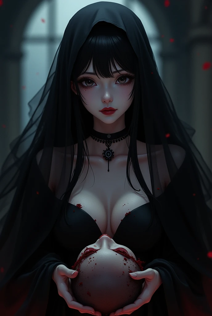 (masterpiece:1.2, best quality), (finely detailed beautiful eyes: 1.2), (detailed background,dark fantasy), (beautiful detailed face), high contrast, (best illumination, an extremely delicate and beautiful), ((cinematic light)), colorful, hyper detail, dramatic light, intricate details, (1 girl, solo,black hair, sharp face,low twintails,red eyes, hair between eyes,dynamic angle), (blood splatter:1.4), swirling black light around the character, depth of field,black light particles,(broken glass),magic circle,