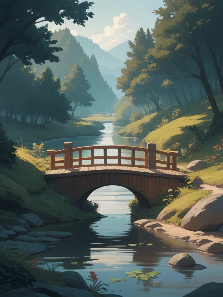 Background of an illustrated landscape of a forest with a river in the center and a wooden bridge in the background.