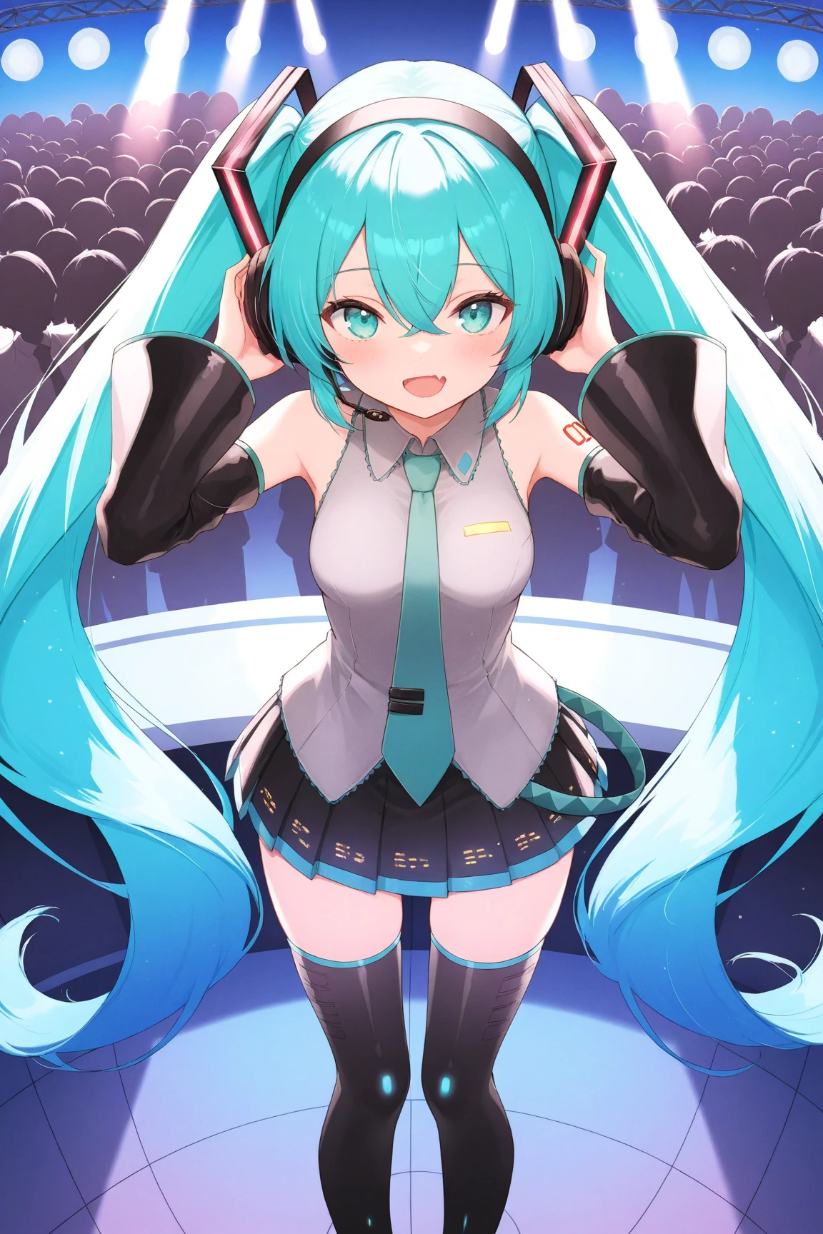 1girl,hatsune miku,blue hair,aqua hair,gradient hair,crossed bangs,hair between eyes,Very long hair,aqua eyes,hair ornament,headphones,(twintails),skin fang,tsurime,BREAK aqua necktie,black footwear,black skirt,black sleeves,boots,collared shirt,detached sleeves,grey shirt,pleated skirt,thigh boots,tie clip,BREAK cute  DJing at a live house with colorful lighting.,Show her in front of a DJ booth, surrounded by a lively crowd,with her headphones on and focused on the music,masterpiece,best quality,very aesthetic,absurdres,ultra detailed,UHD,8K,highly detailed,newest