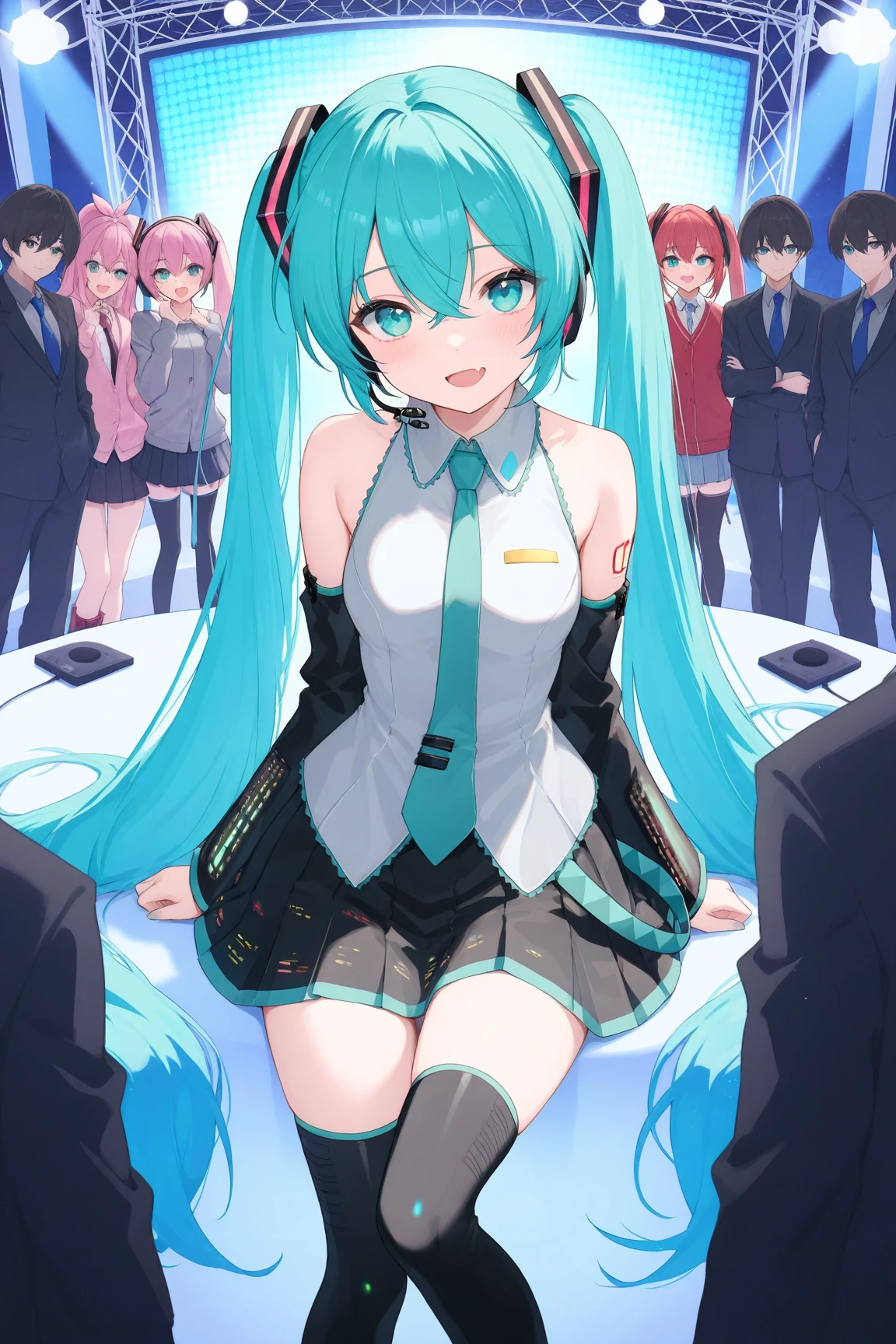 deformed,chibi,solo,1girl,hatsune miku,blue hair,aqua hair,gradient hair,crossed bangs,hair between eyes,Very long hair,aqua eyes,hair ornament,headphones,(twintails),skin fang,tsurime,BREAK aqua necktie,black footwear,black skirt,black sleeves,boots,collared shirt,detached sleeves,grey shirt,pleated skirt,thigh boots,tie clip,(solid circle eyes:1.2),:>,simple background, masterpiece,best quality,very aesthetic,absurdres,ultra detailed,UHD,8K,highly detailed,newest