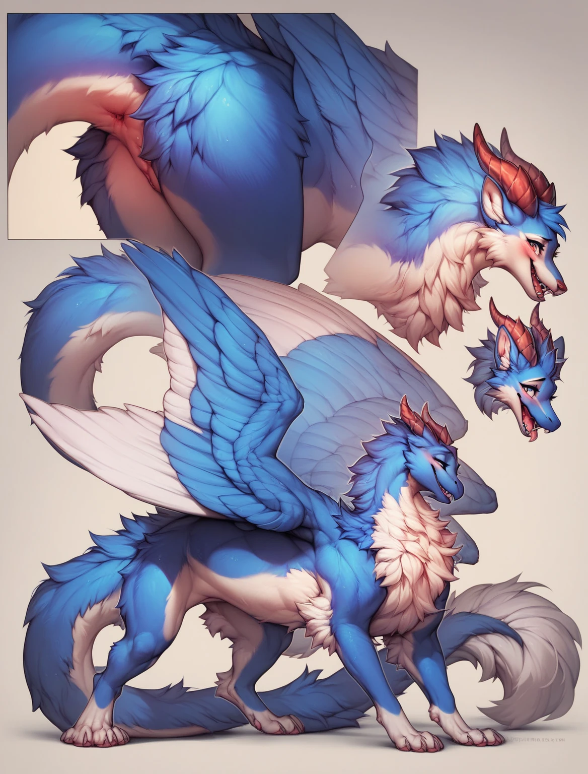 furry art, feral, furred dragon, female, full body, white and blue fur, thicc, wings, horns, tail, chest fluff, paws, fangs,  ton back, close up, embarrassed, happy, bent over, bent over with her ass to the viewer , extra fluffy,  extra fluffy, quadruped, 