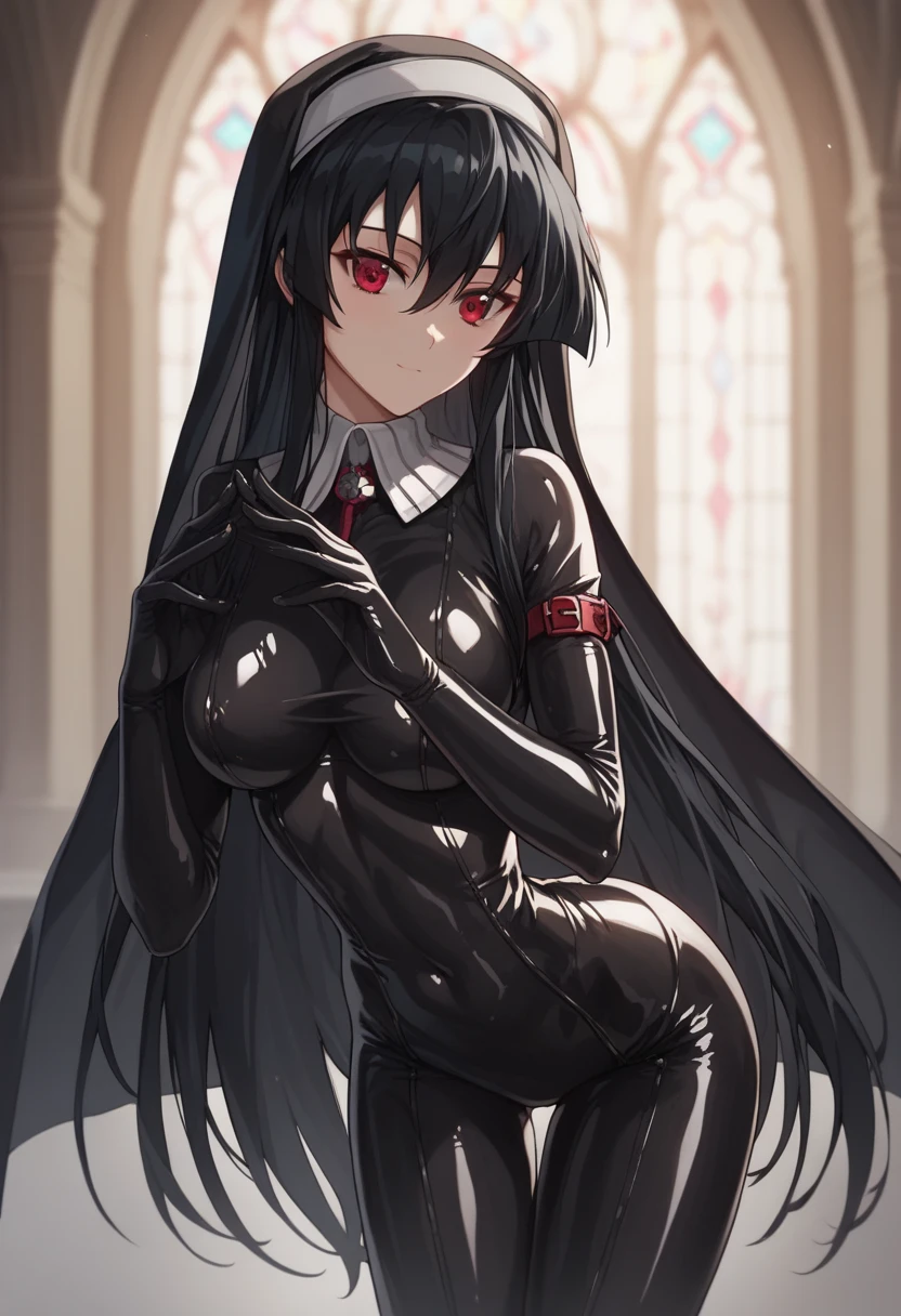 (masterpiece:1.2), best quality, high resolution, unity 8k wallpaper,perfect hands, perfect anatomy,1girl,solo,akame, long hair, black hair, red eyes, hair between eyes,Medium breasts,latex bodysuit nun, latex, nun, bodysuit, skin tight, black   bodysuit, shiny clothes,sexy pose,bent over