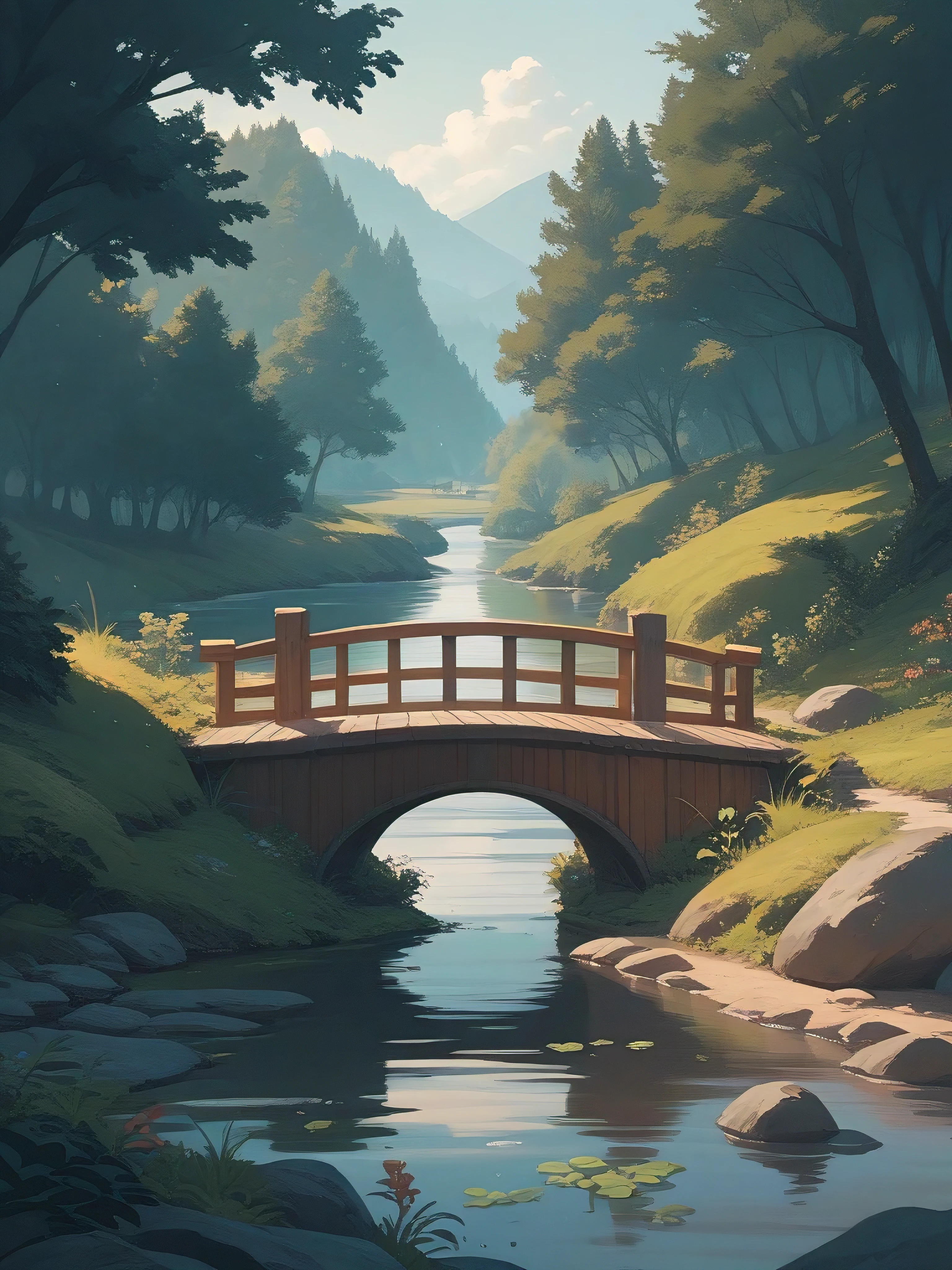 Background of an illustrated landscape of a forest with a river in the center and a wooden bridge in the background.