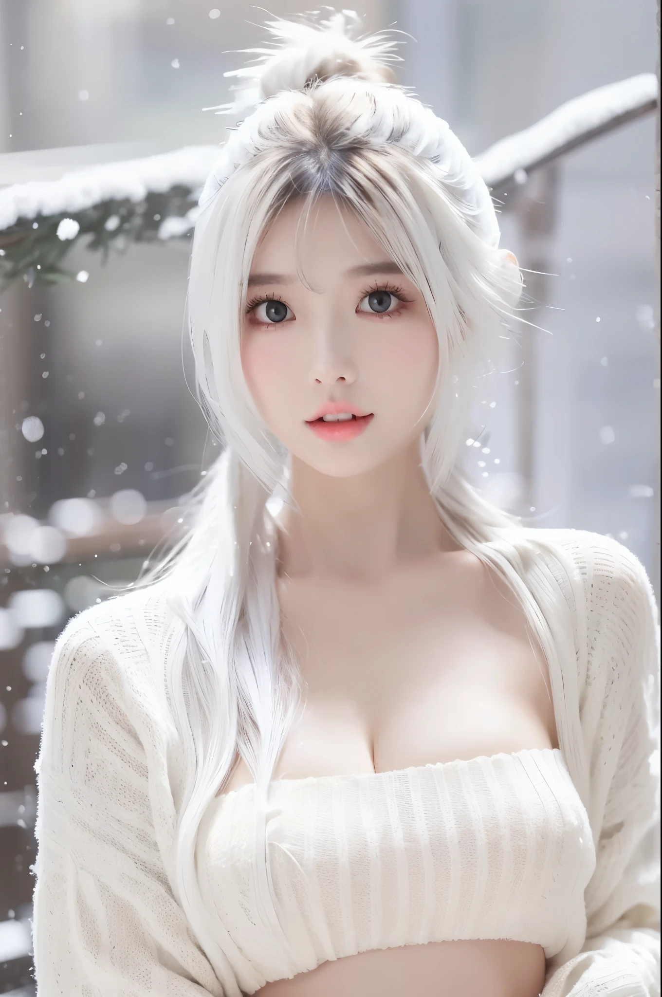  beautiful woman with perfect body：1.4，Layered Hairstyle，Sexy，Cleavage highlights：1.5，White transparent sweater ，High precision face and skin texture，Skin Whitening，Long snow-white hair 