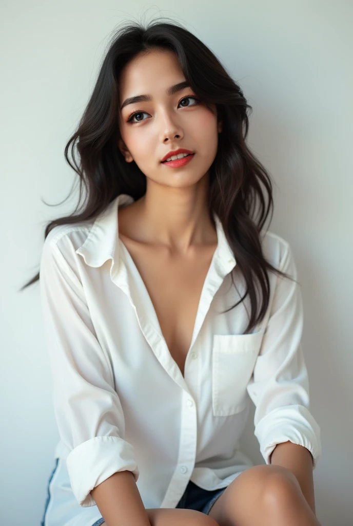 Create an Asian long-haired beauty,Wearing white business attire,Scratching the scalp with both hands,There is a lot of dandruff on the top of the head,White fine dandruff on the top of the head,Fierce and unhappy expression,The characters are realistic and realistic,Upper Body,Office Background,9:16 frames,Ultra-high-definition picture quality
