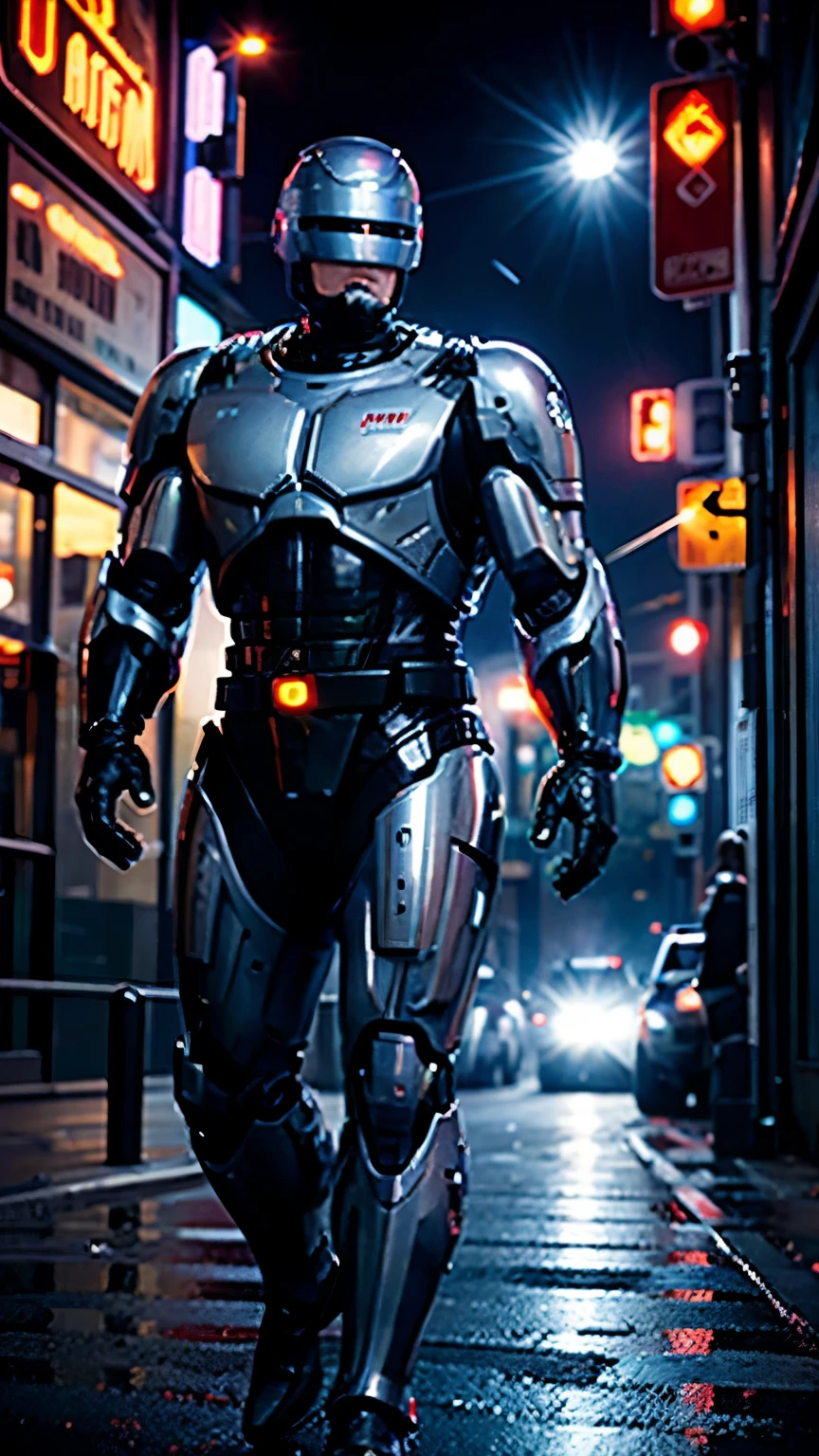 Ben Affleck as Robocop, wearing Robocop full armor, glowing lights, (dynamic pose), (hyper realistic:1.4), (realistic:1.3), (best quality real texture skin), full body, (Cinematic Light), highly detailed skin, skin pores, (highly detailed face:1.1), (highly detailed eyes:1.1), realistic pupils, (perfect anatomy:1.1), (perfect proportions:1.1), (photography:1.1), (photorealistic:1.1), volumetric lighting, dynamic lighting, real shadows, (highres:1.1), sharp focus, daylight, (realistic, hyperrealistic:1.4), intricate, high detail, dramatic, subsurface scattering, big depth of field, vivid, polished, sharpened, ((full Sharp)), (extremely absurdres),8k hdr, cyberpunk Chicago police station background, full body walks forward