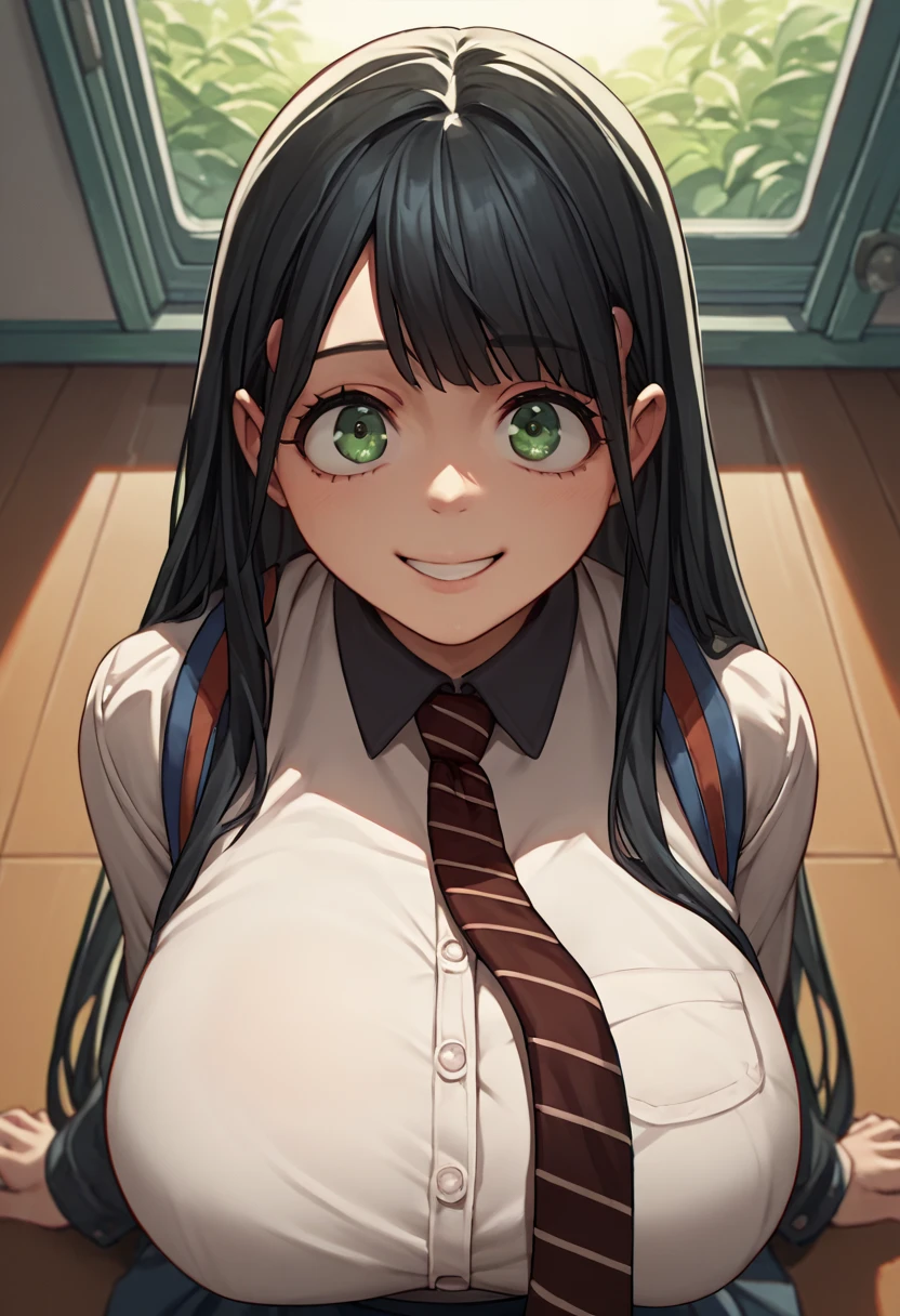 score_9, score_8_up, score_7_up, source_anime BREAK 1girl, solo, green eyes, black hair, long hair, huge breasts, striped necktie, white shirt, skirt, white thighhighs,, shirt tucked in, tented shirt,pov,breast close up,yang,Anime,turime,smile