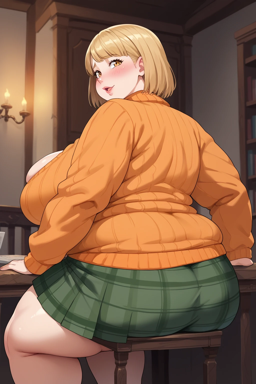 Ashley Graham , ashley graham,　 shortcuts,　 orange sweater ,  miniskirt,  green plaid skirt,  Long Sleeve ,  yellow eyes, Thighs,  Golden Hair ,  score_9,   score_8_up,   score_7_up,   score_6_up,   score_5_up,   score_4_up,     Masterpiece  ,   top quality,   Very Aesthetic,   absurd,   source_Anime, Anime screencap,   one woman , Alone,  personal  ,  Super huge breasts, ((( super huge clevis, Super huge , Super huge boob))), Curvy,  chubby, Mature Woman,  obese body type, blush,  troubled expression,  belly fat sticking out of clothes,　 sloppy stomach , A woman wearing a skirt , puzzled expressions,Butt-sitting