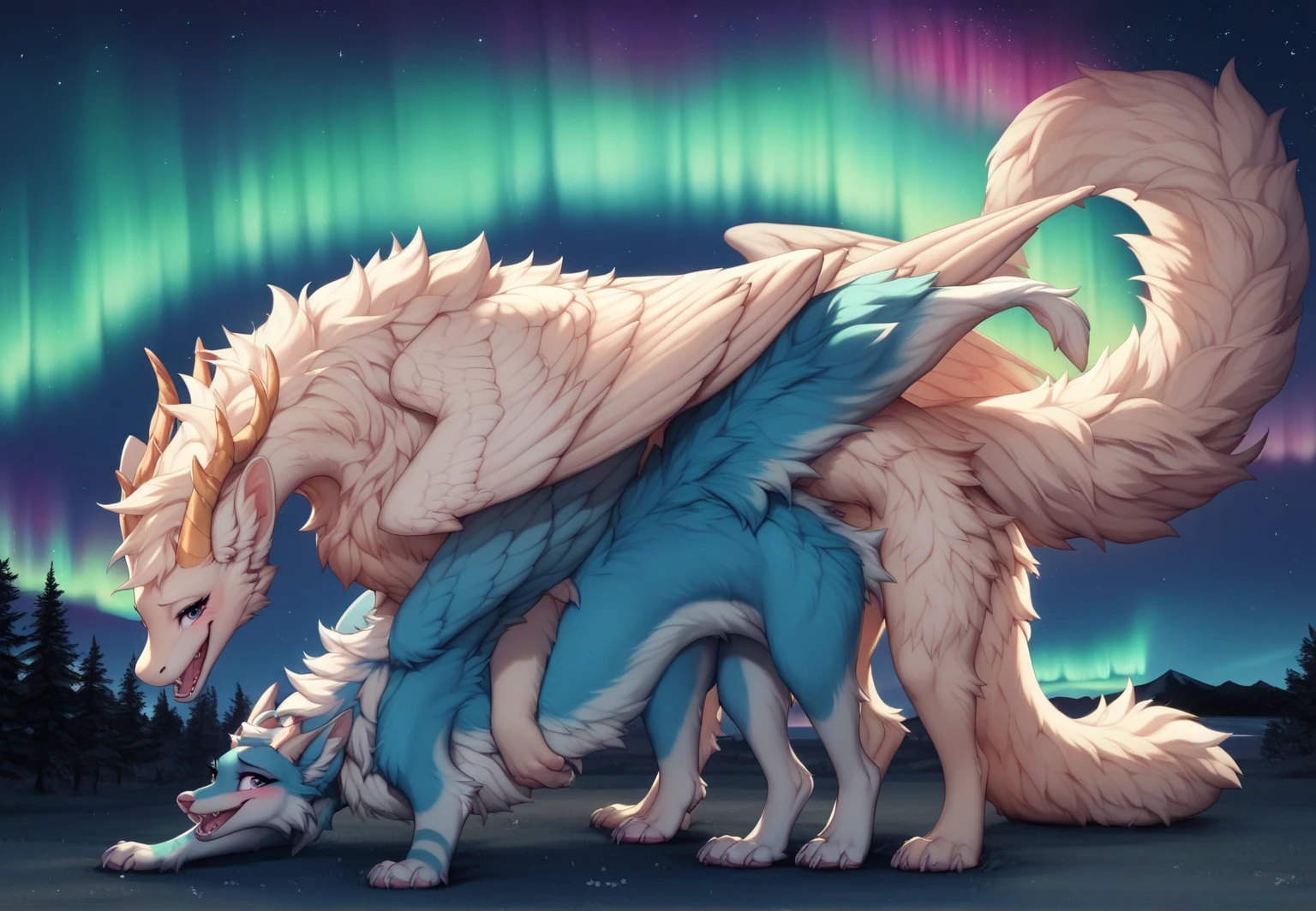 furry art, feral, furred dragon, female, full body, white and blue fur, thicc, wings, horns, tail, chest fluff, paws, fangs,  ton back, close up, embarrassed, happy, bent over, bent over with her ass to the viewer , extra fluffy,  extra fluffy, quadruped, ((nighttime, night sky, stars, aurora, summertime, colorful, black))