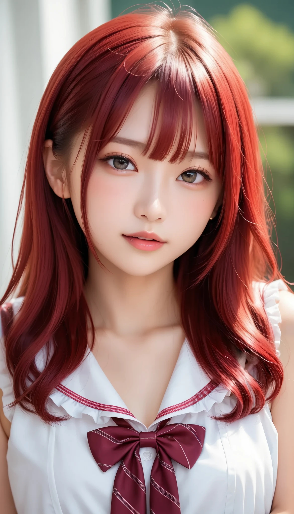 super detailed,  top quality, 8k,  RAW photos , super high definition, nsfw,  Official Art , cute girl, ,  idol face,  pretty girl, (( high school girl with strong sexual desire)), Small beautiful breasts, ((Beautiful girl with ruffles in cute plain clothes )), ((Nice hairstyle, inner red hair)), Beautiful small face,  beautiful eyes, High nose, Seductive lips,  lip gloss, ( with slender body lines), Small beautiful butt,  tight waist, (( sexual climax facial expressions, blush))