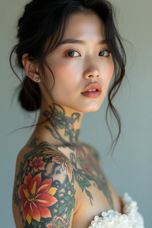 (RAW photo, best quality), (realistic, photo-realistic:1.3),best quality,highly detailed,masterpiece,ultra-detailed,illustration, 1 school girl with phoenix tattoo on body, gigantic breasts, lotus tattoo, sfw:1.5