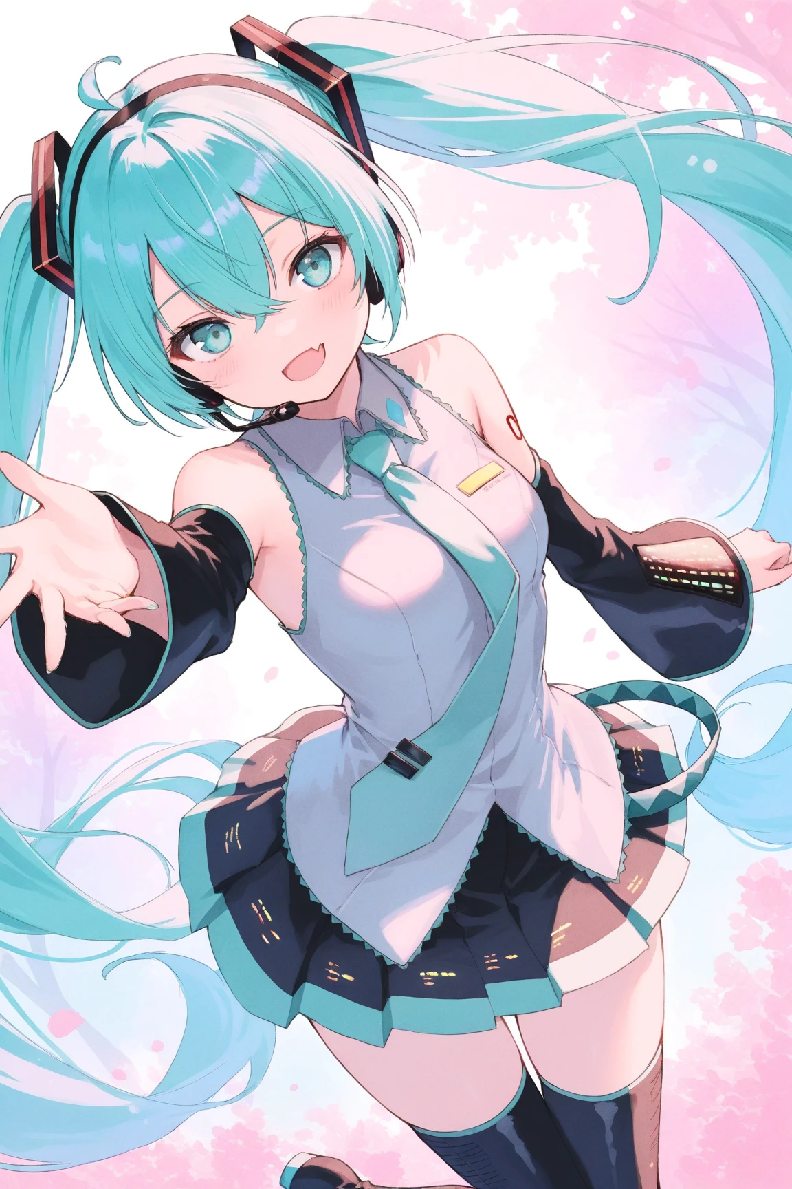 1girl,hatsune miku,blue hair,aqua hair,gradient hair,crossed bangs,hair between eyes,Very long hair,aqua eyes,hair ornament,headphones,(twintails),skin fang,tsurime,BREAK aqua necktie,black footwear,black skirt,black sleeves,boots,collared shirt,detached sleeves,grey shirt,pleated skirt,thigh boots,tie clip,BREAK sunset aggressive diffused,(Subject 1.0m away in sharp focus),(Distance 1.0m away),hdr courtyard,(f_stop 8.0),(focal_length 85.0),f/8,35mm focal length Photograph of happy watercolor \(medium\),(pastel colors:1.3),sketch,masterpiece,best quality,very aesthetic,absurdres,ultra detailed,UHD,8K,highly detailed,newest