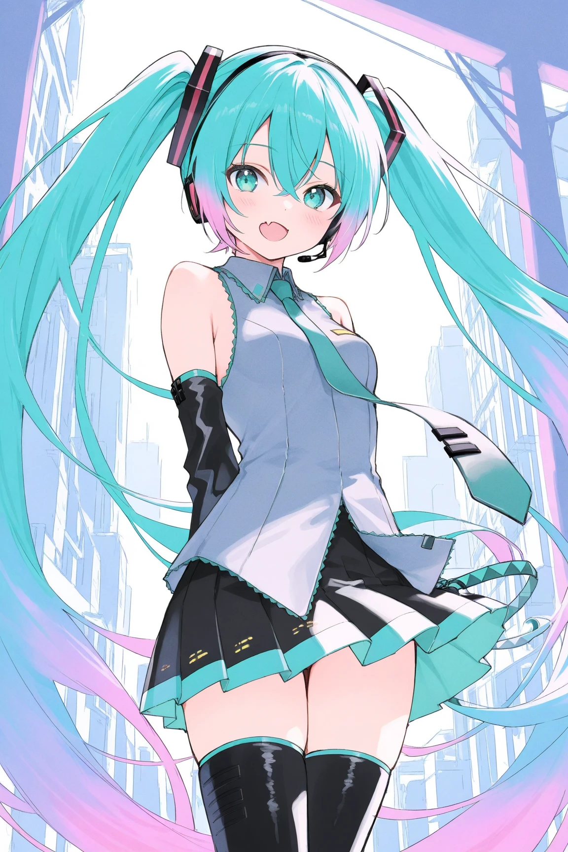 1girl,hatsune miku,blue hair,aqua hair,gradient hair,crossed bangs,hair between eyes,Very long hair,aqua eyes,hair ornament,headphones,(twintails),skin fang,tsurime,BREAK aqua necktie,black footwear,black skirt,black sleeves,boots,collared shirt,detached sleeves,grey shirt,pleated skirt,thigh boots,tie clip,BREAK sunset aggressive diffused,(Subject 1.0m away in sharp focus),(Distance 1.0m away),hdr courtyard,(f_stop 8.0),(focal_length 85.0),f/8,35mm focal length Photograph of happy watercolor \(medium\),(pastel colors:1.3),sketch,masterpiece,best quality,very aesthetic,absurdres,ultra detailed,UHD,8K,highly detailed,newest