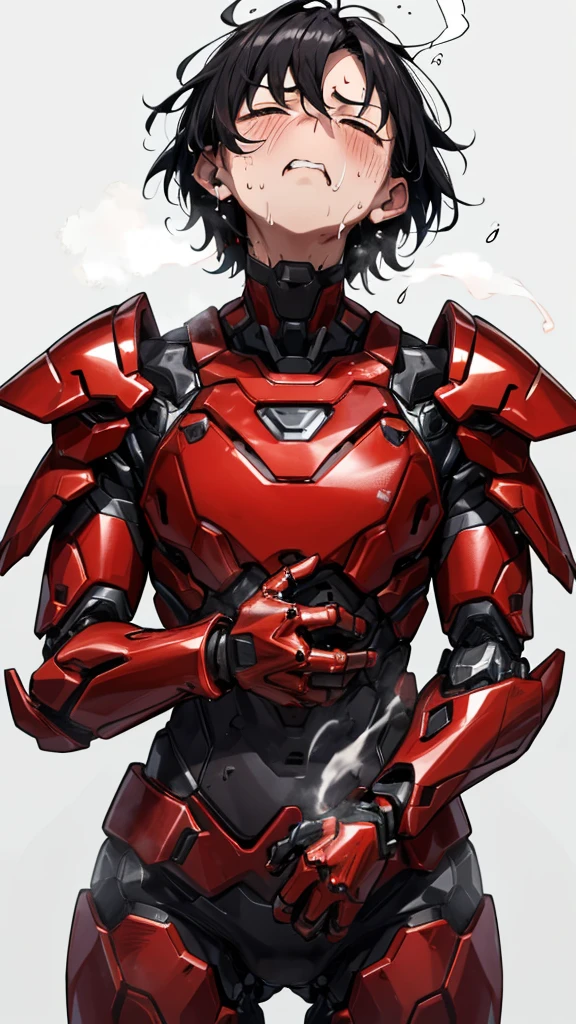 Rough skin, 非常に Detailsな,  Details,  high image quality, 最 high image quality,  high definition , 1080P 、 bleeding from the wound、 red armor 、Wearing red and black、cute((本体全体にSerious damage))( injured woman in robot suit...)( red armor )(Broken Armor) black hair、Masculine short hair、Torn Armor、 wet hair、 Open Your Mouth 、(  steam from the body  が上がる)Sweaty face、It hurts again、Serious damage、、 nurse woman with saliva sleeping 、 Lift up a female college student 　　( steam coming out of the face ) ((  steam from the body  )) 椅子に座る　Touching the vagina　 looks up　pain　Field　Cover your head completely in smoke　