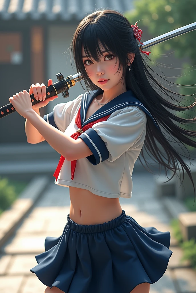 (Masterpiece of art, Top quality, best quality, Official art, beautiful and aesthetic), Extremely detailed, colorful, most detailed, (1 girl, Only), 18 year old beauty、Japanese、 female swordsman、black hair, long hair, blunt bangs, black eyes, skinny, (thin body, small breasts, sweat: 1.4), (torn clothes: 1.3,、sailor suit、pleated mini skirt),kneeling、holding a Japanese sword、Precisely drawn Japanese sword、