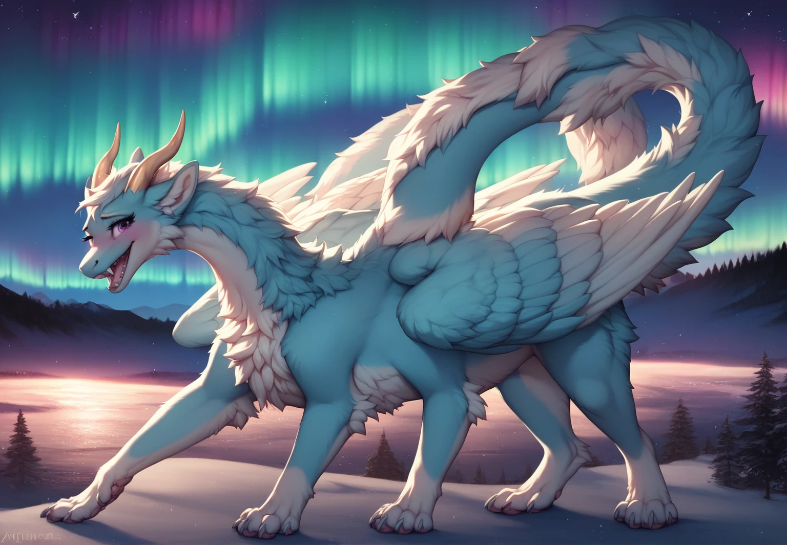 furry art, feral, furred dragon, female, full body, white and blue fur, thicc, wings, horns, tail, chest fluff, paws, fangs,  ton back, close up, embarrassed, happy, bent over, bent over with her ass to the viewer , extra fluffy,  extra fluffy, quadruped, ((nighttime, night sky, stars, aurora, summertime, colorful, black))