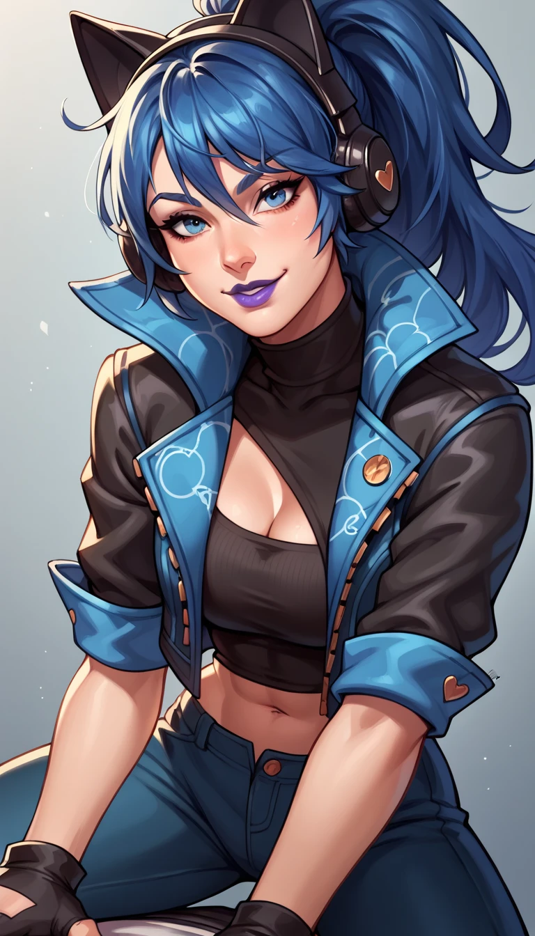 BREAK,  FNHeroHop, blue hair, cat ear headphones, ponytail, blue eyes, purple lips, open collared jacket, clothing cutout, short sleeves, black turtleneck, midriff, fingerless gloves, indoor, seductive smile, looking at viewer,  breasts, 1 girl, solo, Straddling on pov