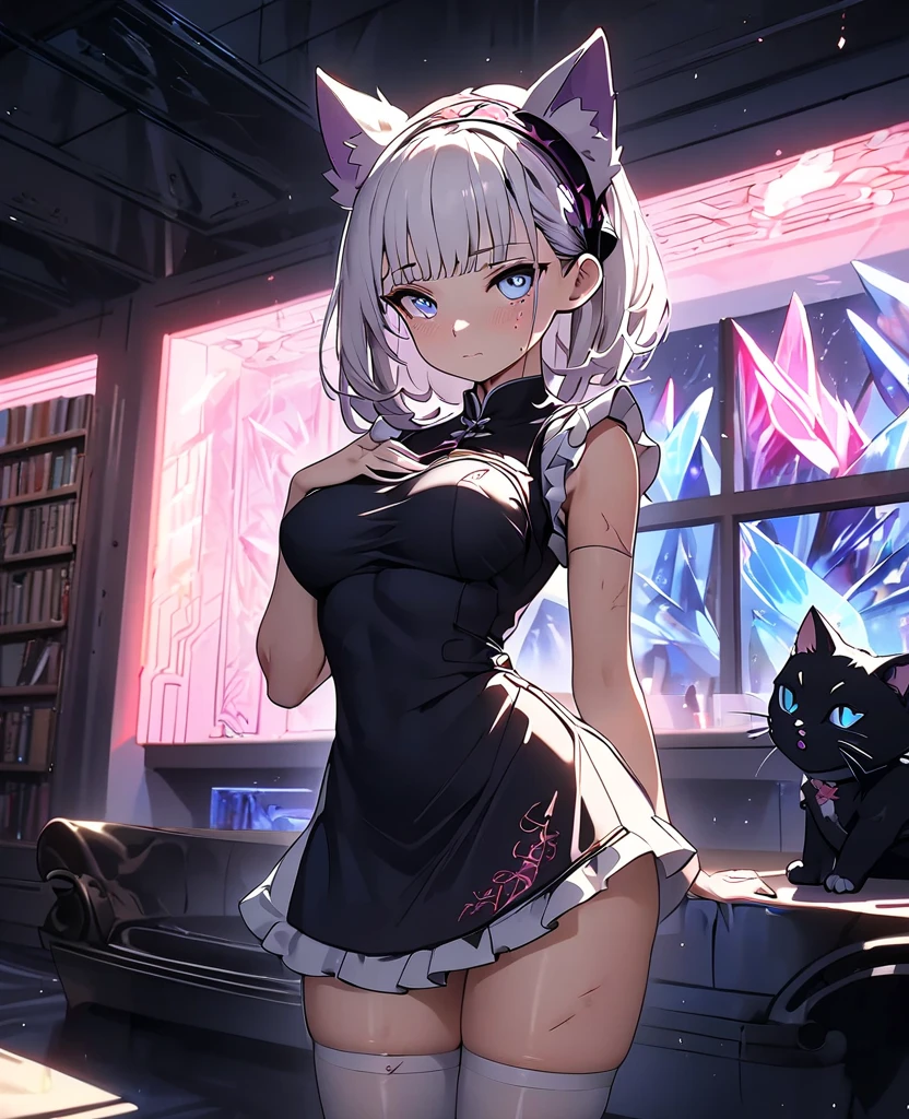 (masterpiece), (best quality), (High quality), (perfect anatomy), (perfect hands),BREAK, expressive eyes, perfect face, 1girl, (grey cat ears: 1.5), BREAK, (medium hair, grey hair: 1.6, pixie cut), BREAK, (big eyes, perfect eyes, blue eyes, thick eyelashes), BREAK, (thin eyebrow), BREAK, (short height), slim bulid, BREAK, happy, singing, open mouth, blush, BREAK, (medium breasts), BREAK, (pink shirt: 1.4, idol shirt: 1.2, cropped: 1.3, sleeveless: 1.3), (visible stomach), BREAK, (low-rise pink idol miniskirt: 1.3), (white stockings: 1.2), BREAK, (expressive dancing), (upper body), BREAK, (view from front: 1.5), BREAK, (standing on the stage), BREAK, ( face_focus), looking at the camera,