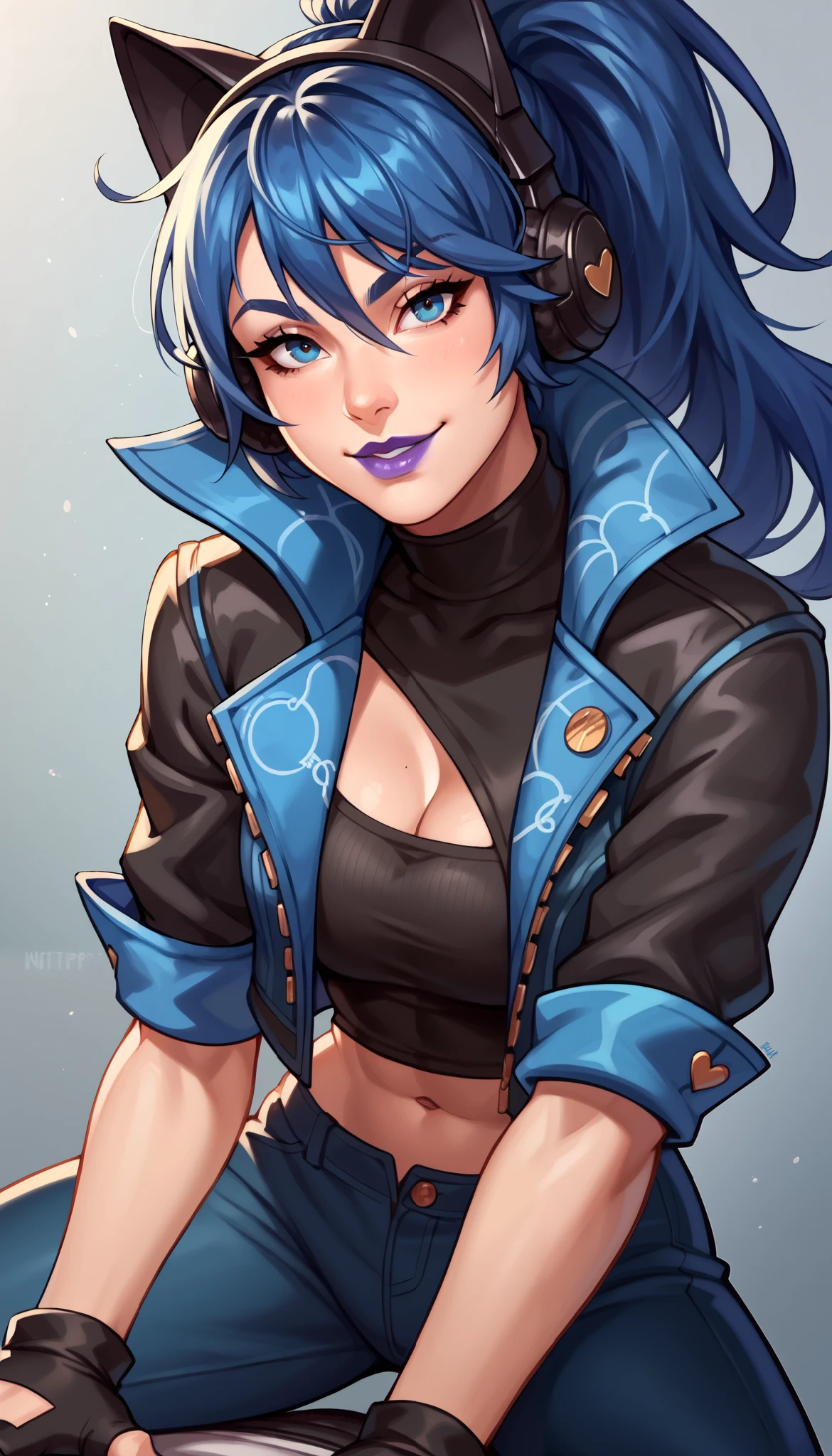 BREAK,  FNHeroHop, blue hair, cat ear headphones, ponytail, blue eyes, purple lips, open collared jacket, clothing cutout, short sleeves, black turtleneck, midriff, fingerless gloves, indoor, seductive smile, looking at viewer,  breasts, 1 girl, solo, Straddling on pov