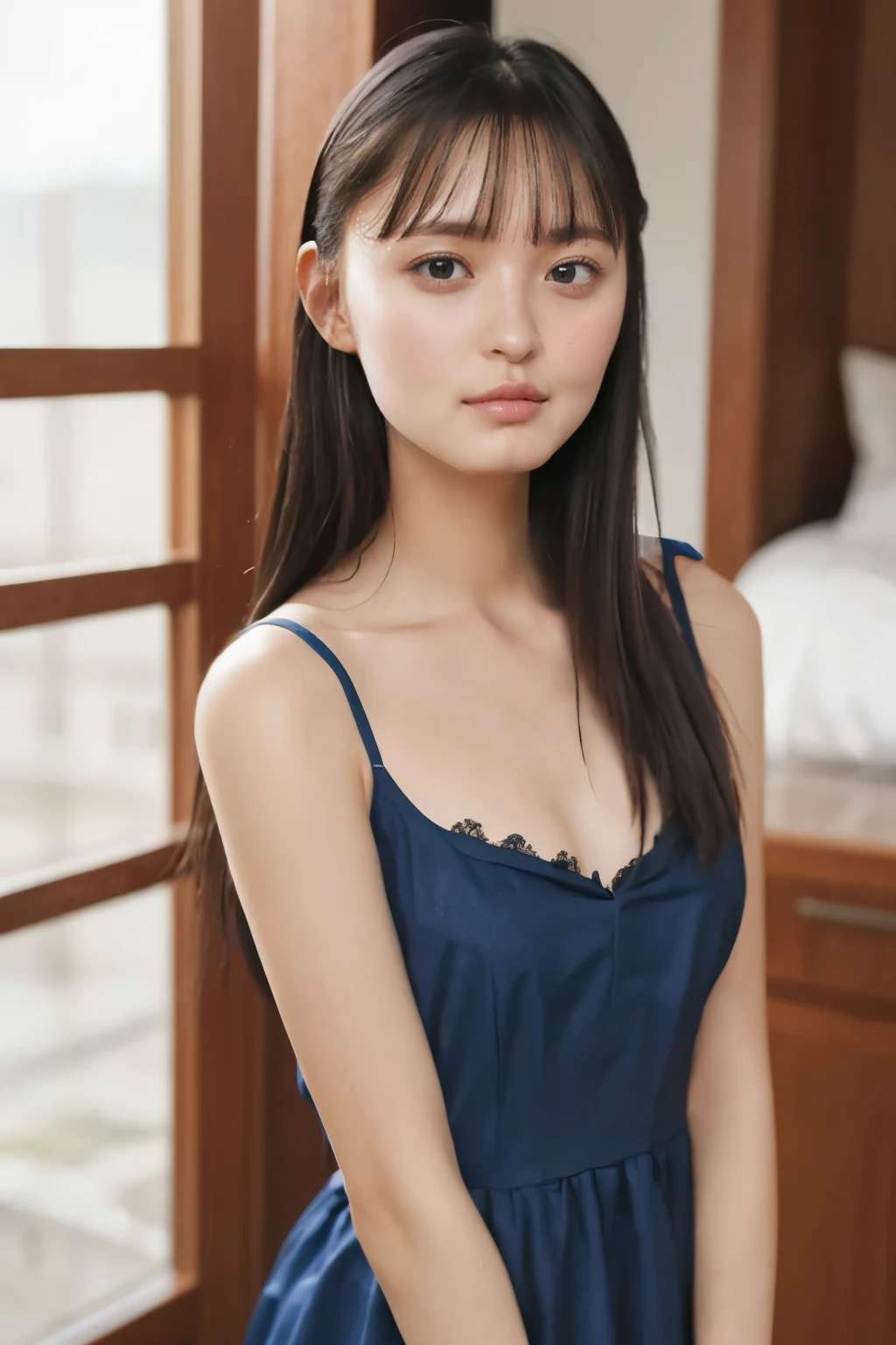 Highest quality,masterpiece,Ultra-high resolution,(Actual:1.4),Ultra-high resolution,8k,There are a women ,(head size:0.2),(Body slimness:0.5) ,She closes her eyes。 open her mouth 、(She is in a state of sexual arousal:1.2)、 Fair skin, Long legs:1.5,high waist、 She is wearing black dresses。 Is it backlit 、 semi-backlit photo 、 Inside a Dim Room 、She running her fingers through her hair. Photo from the thigh up、