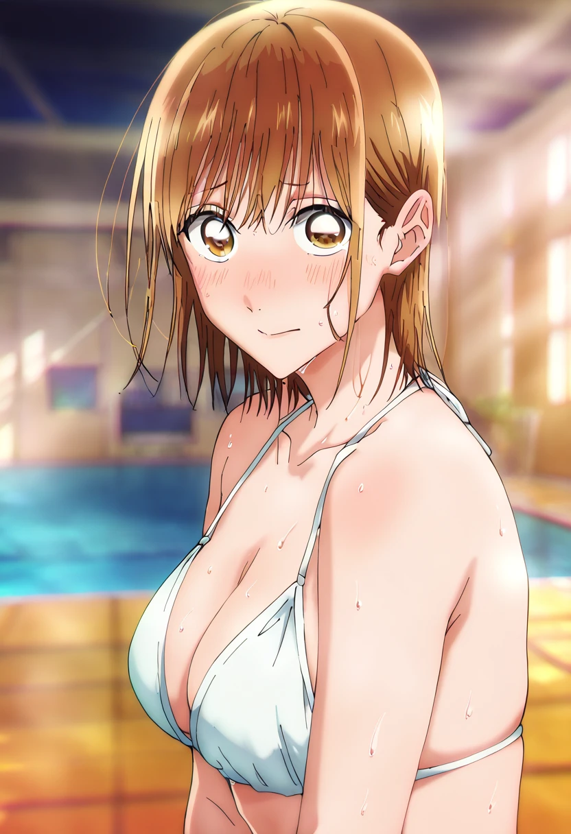  1 girl, Alone, Chinatsu,  Blurry Background,  brown eyes、 small boobs、 masterpiece,  top quality,  great quality,   very aesthetic ,  absurd、 sweaty、blush、 Embarrassed Face、 school pool、Bikini