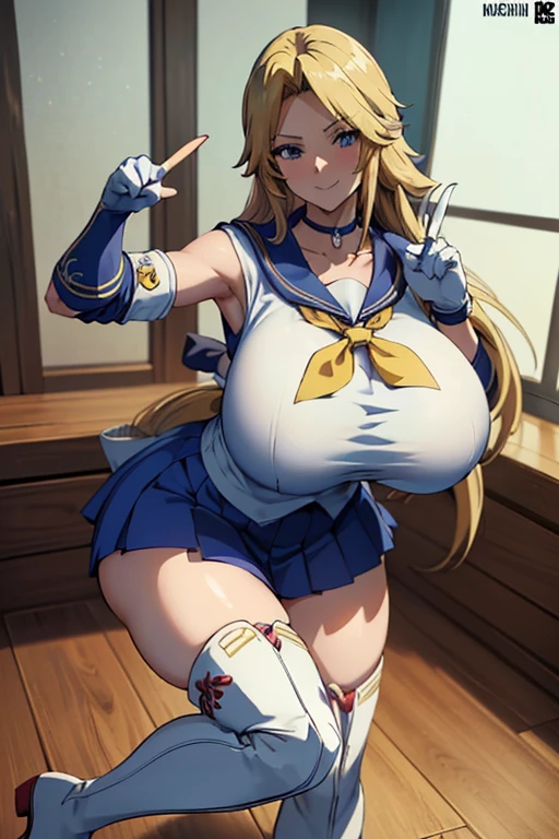 masterpiece、High resolution、high resolution、4K、8k、(((Spread your legs and bend one leg、Big Breasts、Exposing the breasts)))、((Shiny underwear)))、Sara Warrior Uniform、Beautiful beauty、Golden Hair、((whole body))、(((Photo taken from below)))、School、classroom、Large Breasts、Big Breastini skirt、The color of the pants is pink、Japanese、tall、Long limbs、18-year-old、Minako Aino、A beautiful nose like a model、Put your hands on your hips、Natural smile、Sexy pose、Hairstyle: Long hair、Beautiful belly button、Red ribbon on head