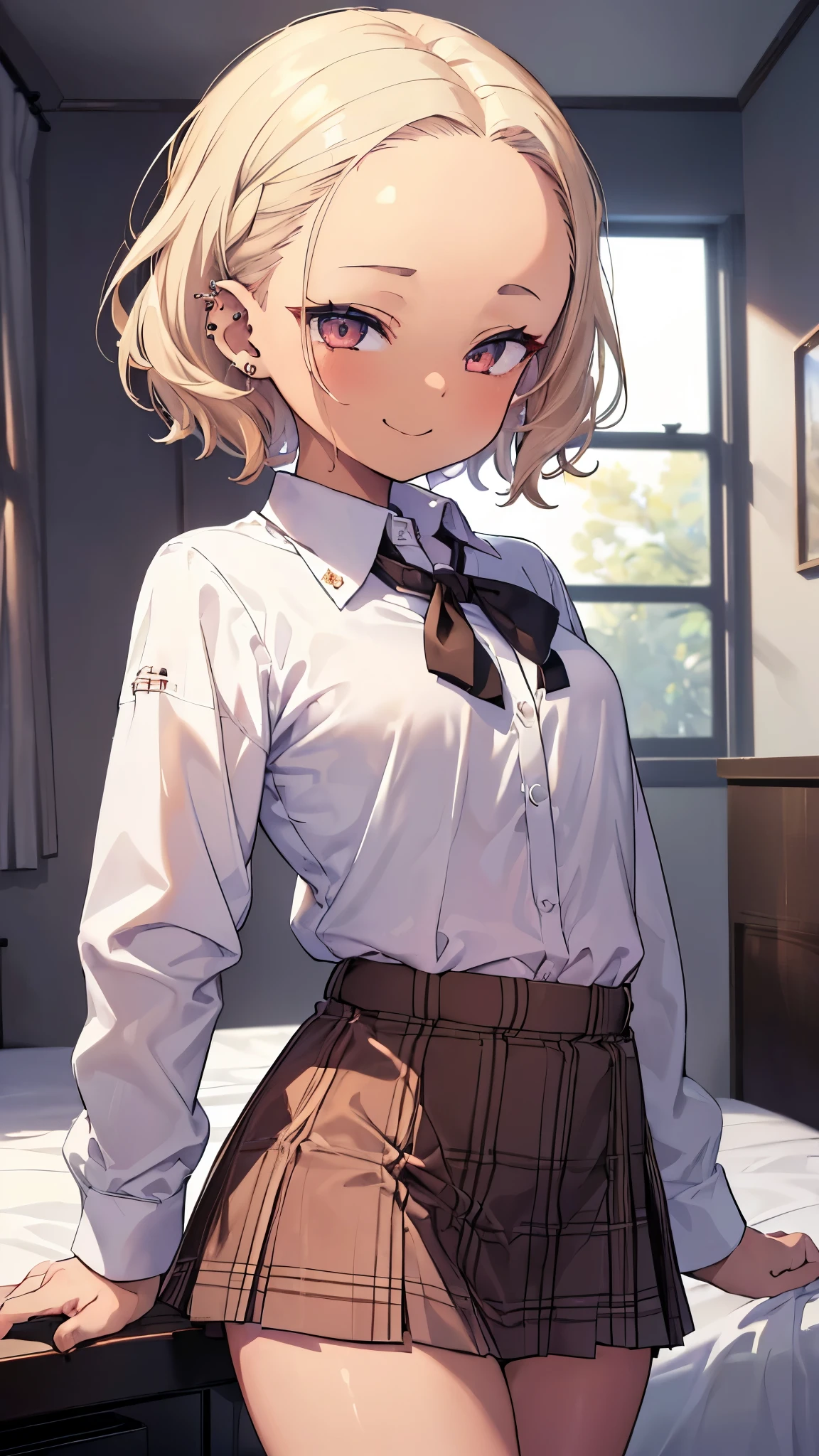 ((masterpiece、Highest quality、Very detailed))、One girl、((Brown skin:1.3))、Blonde、short hair、forehead、Grey Eyes、evil smile、Moderate breasts、((White collared shirt))、((lightbrown cardigan))、((Black pleated skirt))、((micro miniskirt))、Cowboy Shot、Classroom Background