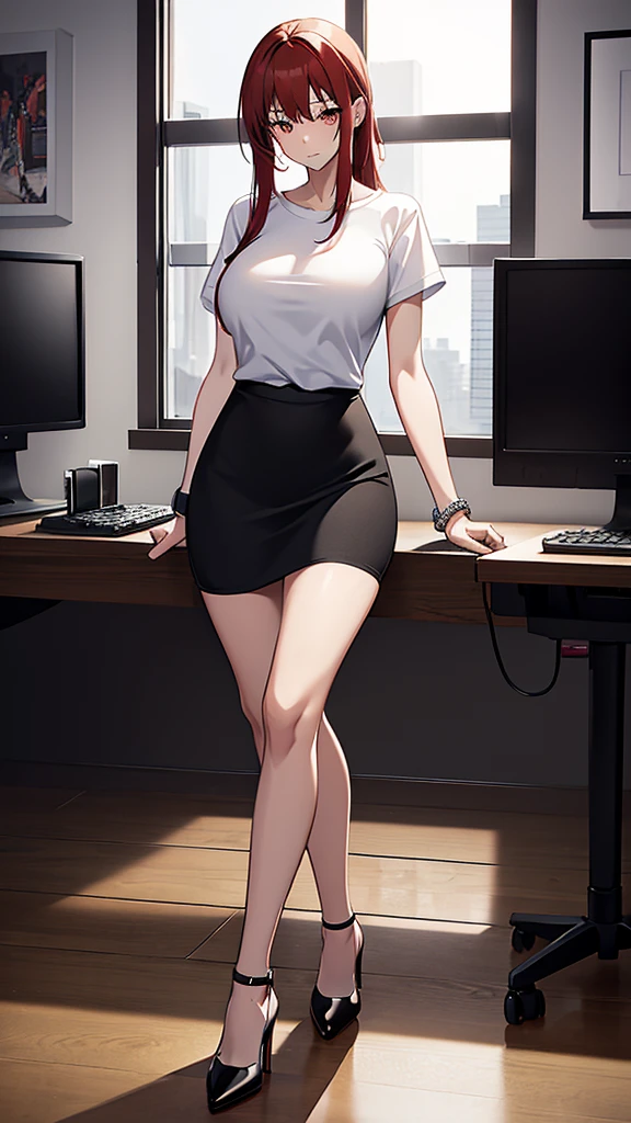 (masterpiece, best quality, 4k, photorealistic, cinematic, ultra-detailed), wide shot, full body, perfect anatomy, curvaceous body, long round legs, 1 girl, blonde hair, sitting in an office chair, crossing her legs, Lavender sleeveless blouse, pleated mini skirt, stockings, silver wedge heels, loose bun, teardrop earrings, art by oda non