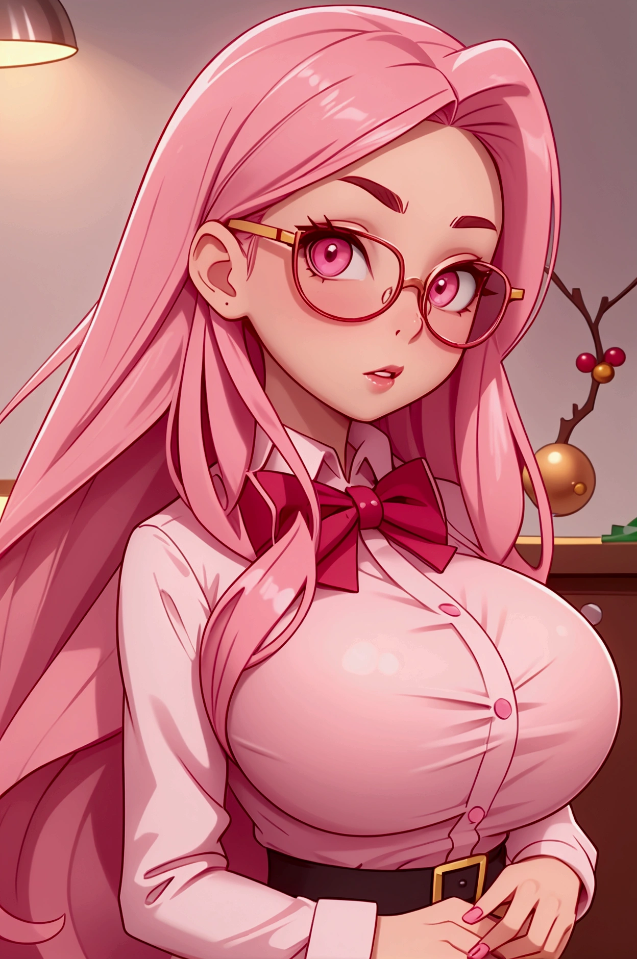 1 girl (woman) long pink hair, pink eyes, detailed face with glasses, big breast, office lady, christmas theme, sexy christmas outfit