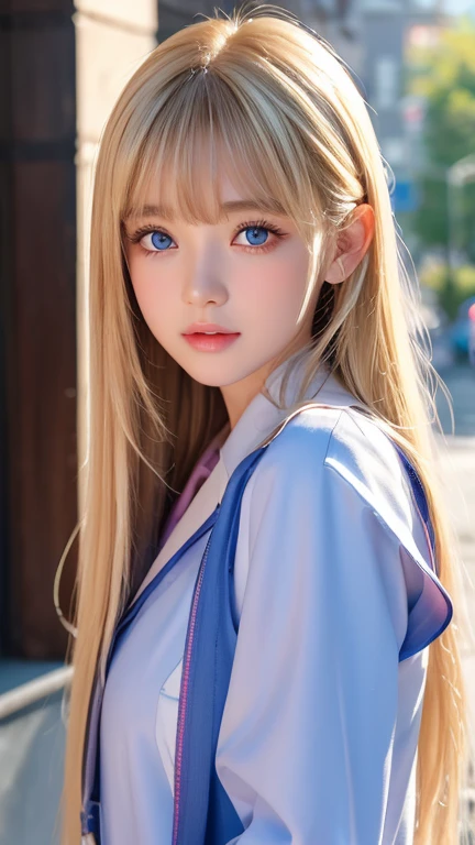  portrait、( school uniform )、young, shiny, very white, bright glossy skin、The best baby face looks、Bite your hair、、Blonde reflection、 natural platinum blonde hair with dazzling highlights 、 shiny bright hair ,、 Smooth, Super Long, Super Long Straight Hair 、Shiny, beautiful bangs、Bangs between the eyes、 bangs over eyes 、Bangs above the face、 big bright sky blue eyes that are shining, clear, extremely vivid、 Very Big Eyes 、very beautiful lovely cute  girl 、Ample Bust、With slit、((I could see the whole body))、Small Face Beauty、Round face、 cheek gloss highlights、