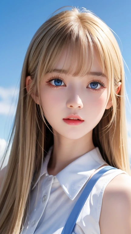  portrait、( school uniform )、young, shiny, very white, bright glossy skin、The best baby face looks、Bite your hair、、Blonde reflection、 natural platinum blonde hair with dazzling highlights 、 shiny bright hair ,、 Smooth, Super Long, Super Long Straight Hair 、Shiny, beautiful bangs、Bangs between the eyes、 bangs over eyes 、Bangs above the face、 big bright sky blue eyes that are shining, clear, extremely vivid、 Very Big Eyes 、very beautiful lovely cute  girl 、Ample Bust、With slit、((I could see the whole body))、Small Face Beauty、Round face、 cheek gloss highlights、