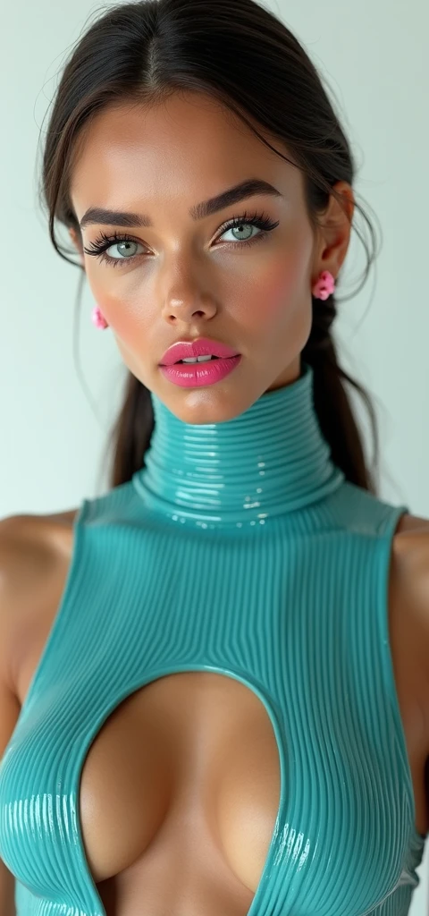 128k Female Models , Huge breasts,  Eyes, ((random hair styles)),  High resolution , Upper body, No background, Studio Lightning , 
((CYAN Latex Random Dress,Hierarchical layers,underboob))Hair Maid Headdress Bow Bow Tie Bridal Garter Magician Hat