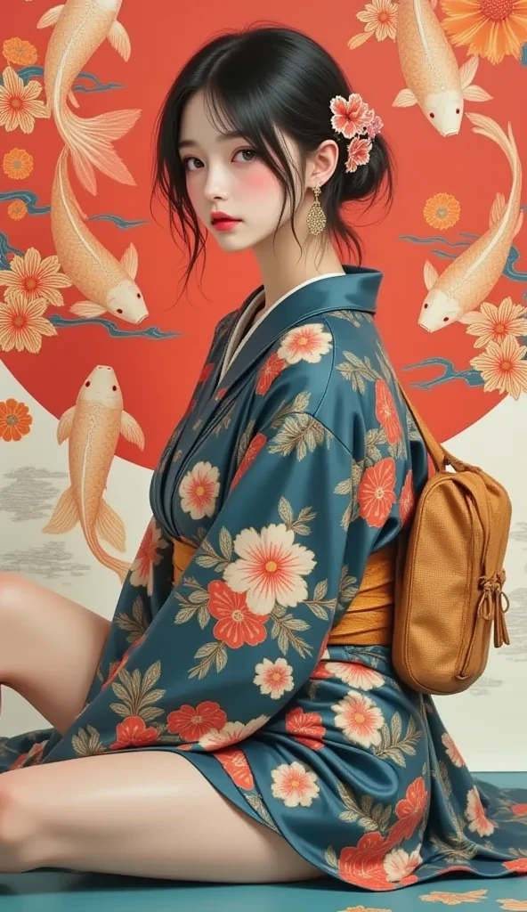   masterpiece , ultra detail,    Nostalgic , ( ), ((  dynamic angle :1.8))(( thick muscular legs :1.8)).  A traditional portrait, but artistic , of a young woman in a bright,  detailed kimono ,  decorated with intricate floral patterns and koi fish designs .  The landscape includes strong red Japanese aesthetics ,  blue-green , and golden hues .  The woman has a calm expression with subtle makeup ,  with subtle blush and defined eyeliner .  Her black hair is elegantly styled with hairpins and stylized ornaments ,  that complement the kimono motifs .  Around her are vivid illustrations of koi fish ,  that fluctuate between abstract shapes and traditional Japanese patterns , combining modern and traditional artistic elements .  The composition is rich and dynamic ,  and cultural elegance and artistic fusion are emphasized .