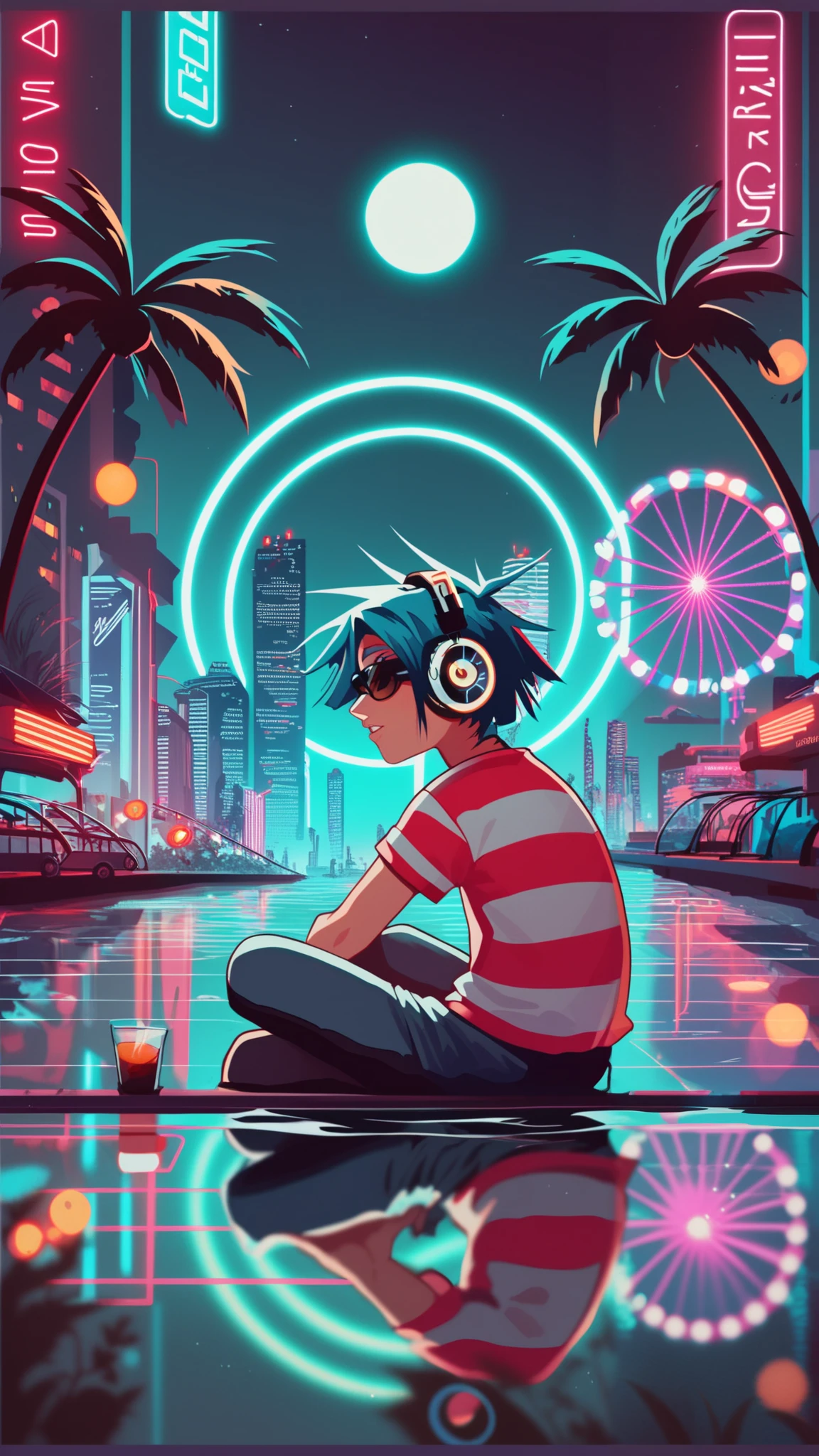 anime style, cool and edgy, thicker outlines, painterly elements, fine details, soft edges, A serene and lively night scene of a futuristic city**, neon lights illuminating tall buildings, palm trees, and a Ferris wheel, person with headphones gazing at the water, vibrant reflections, cyberpunk aesthetic, dynamic lighting, tattos, fashionable, posing, expression, stylish, striking, modern, fashion, ((boy)) 