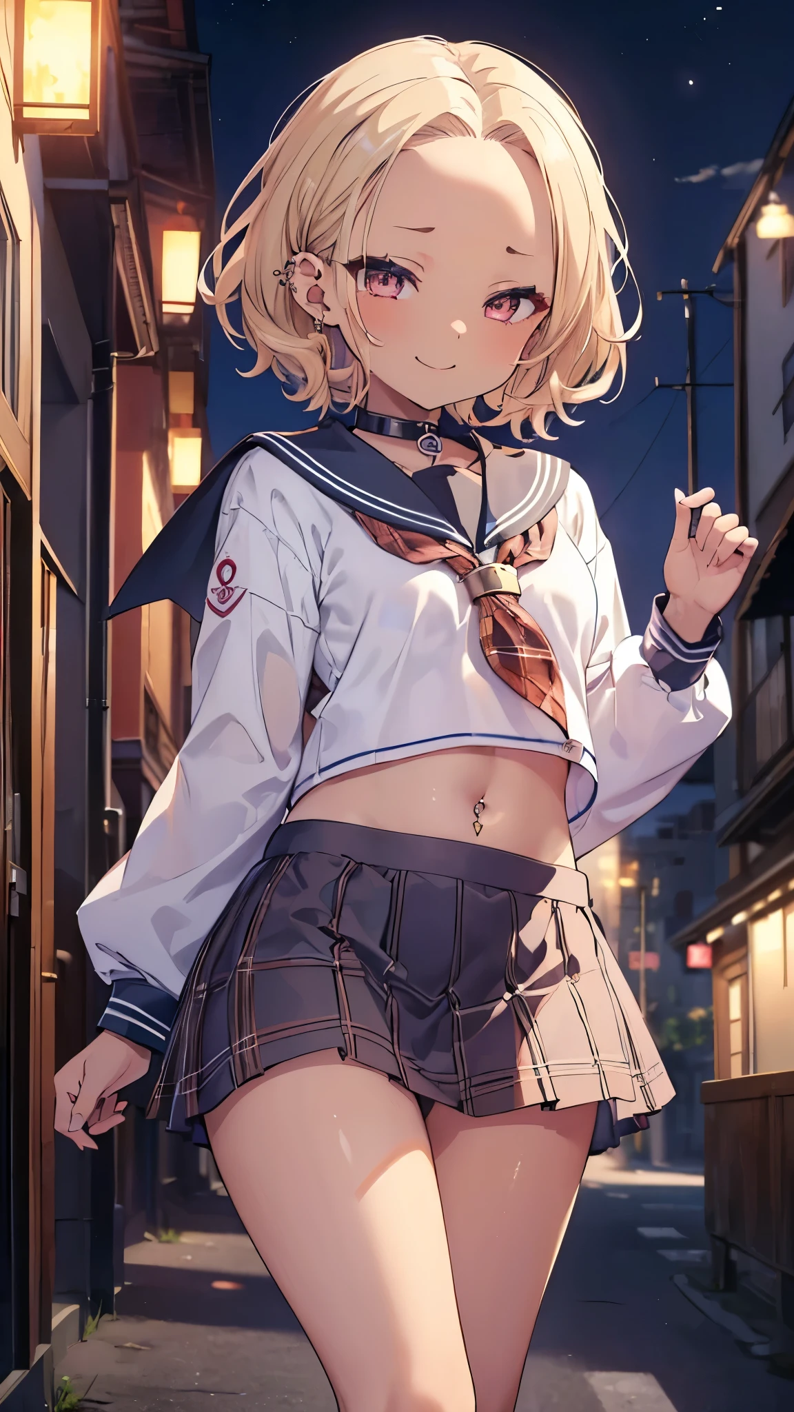 ((masterpiece、 top quality、 very detailed))、 One Girl 、(( brown skin:1.3))、Blonde、 short hair、 wavy hair 、((Forehead:1.2))、 gray eyes、evil smile、((lots of piercing))、(( small breasts))、(( sailor suit))、belly button、((plaid micro miniskirt))、 Cowboy Shot 、((night))、Alley Background