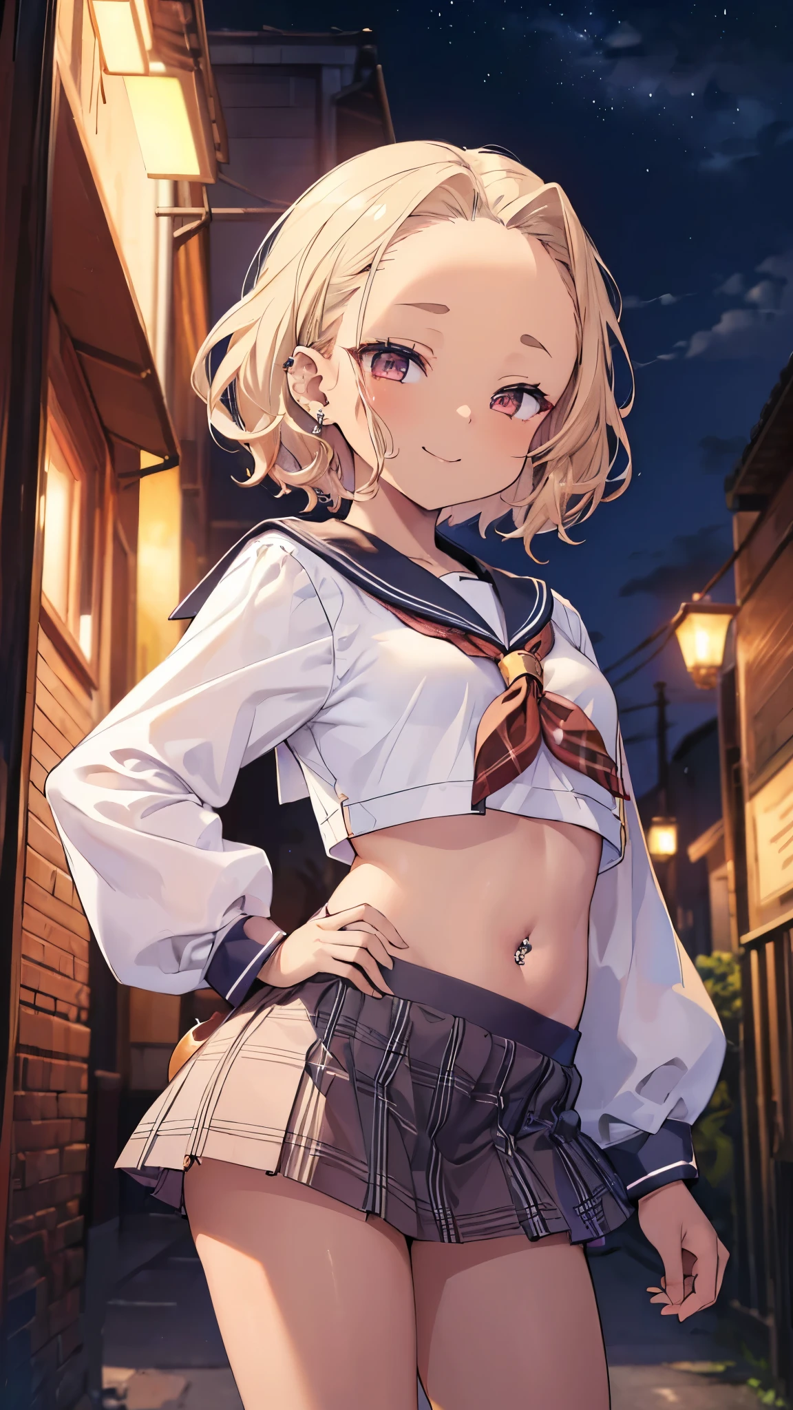 ((masterpiece、 top quality、 very detailed))、 One Girl 、(( brown skin:1.3))、Blonde、 short hair、 wavy hair 、((Forehead:1.2))、 gray eyes、evil smile、((lots of piercing))、(( small breasts))、(( sailor suit))、belly button、((plaid micro miniskirt))、 Cowboy Shot 、((night))、Alley Background