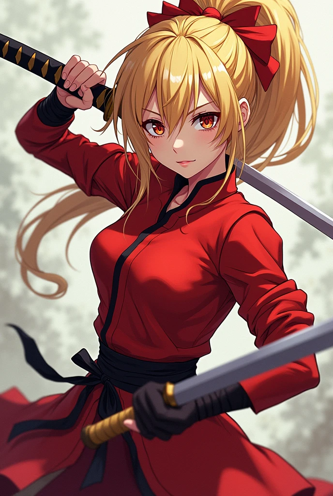 Light brown hair, long hair tied up, brandishing a long Japanese sword, female ninja, one girl, ninja costume, chain mail visible from chest, red-trimmed costume, ninja, running along the roof of a Japanese house in the middle of the night
