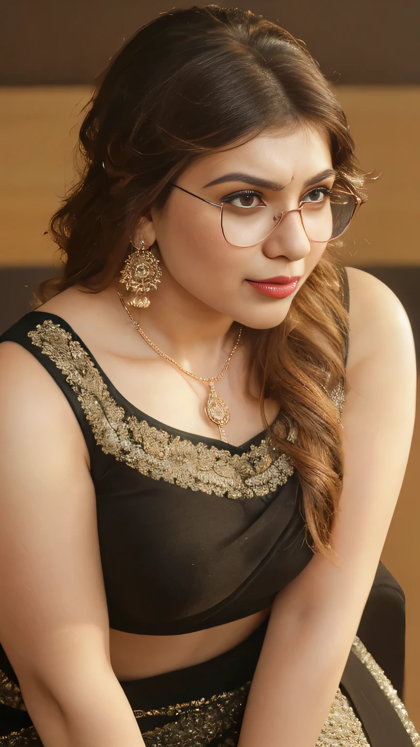 Hansika Motwani- a curvy figure model, extreme close up photo of faty indian, big cheeks, hourglass figure, curvy, kneel down on office table, red lips, nerd glasses,big , necklace, sultry, only saree, no blouse,no bra,look at viewer and subtle smile, (cinematic:1.3), intricate details, (ArtStation:1.2)