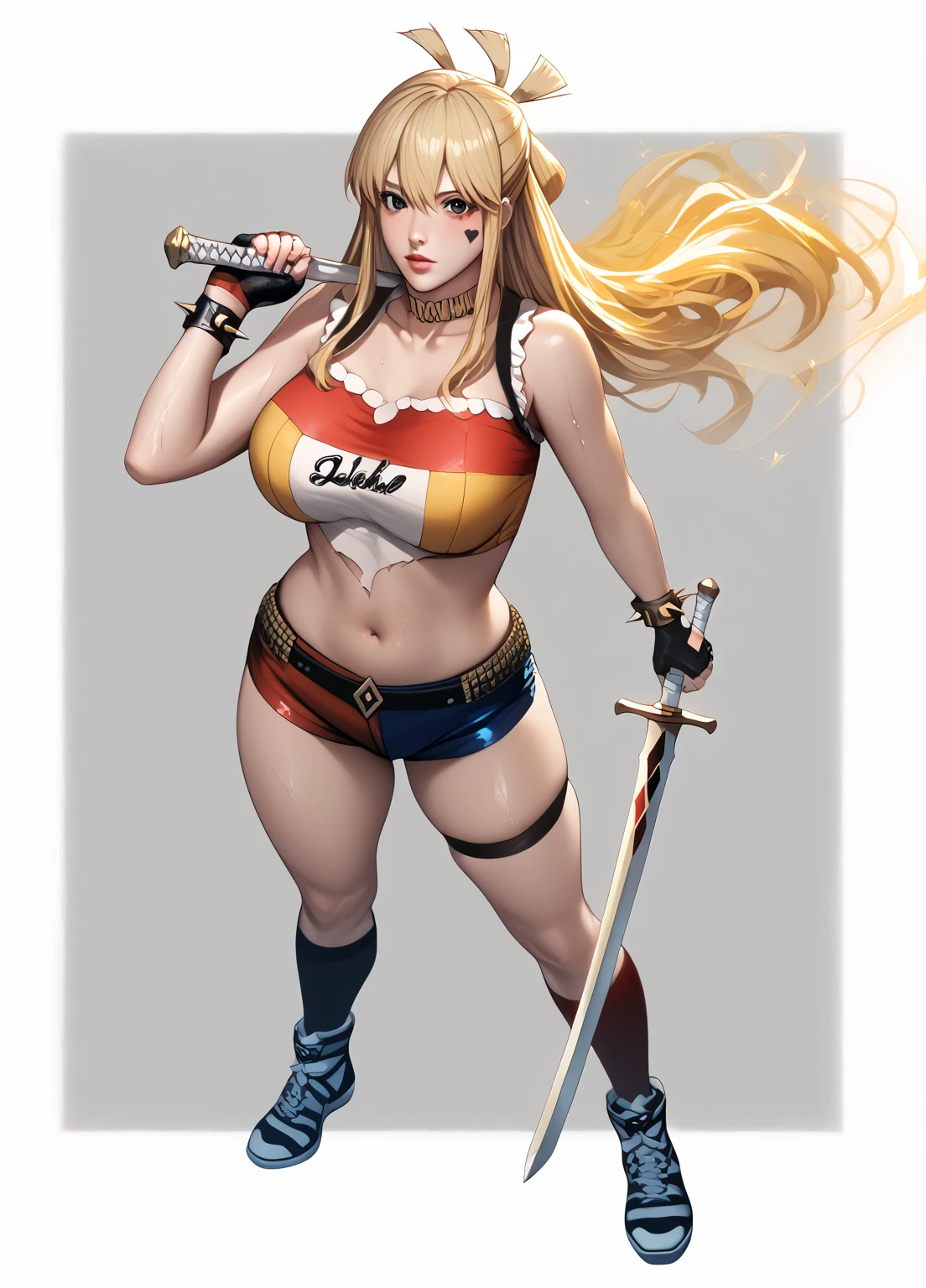 score_9, score_8_up, score_7_up, score_6_up, yumeko suzukiri, long hair, blonde hair, black eyes, half updo, sidelocks, hair between eyes, large breasts, (skindentation:1.2), (thick:1.2), detailed eyes, (perfect hands, perfect anatomy), (anime coloring:1.2),Vector art, Vivid colors, Clean lines, Sharp edges, Minimalist, Precise geometry, Simplistic, Smooth curves, Bold outlines, Crisp shapes, Flat colors, Illustration art piece, High contrast shadows, Technical illustration, Graphic design, Vector graphics, High contrast, Precision artwork, Linear compositions, Scalable artwork, Digital art, excessive sweating, sweating profusely, sweating drop BREAK, magic, fantasy, (aura:1.2), 1girl, solo, breasts, weapon, sword, gloves, holding_weapon, holding, fingerless_gloves, full_body, holding_sword, standing, thighs, looking_at_viewer, thick_thighs, short_sword, BREAK, harley quinn cosplay, harley quinn (cosplay), bare shoulders, choker, collarbone, cosplay, fingerless gloves, heart, heart tattoo, jewelry, multicolored clothes, multicolored shorts, navel, shorts, spiked bracelet, spikes, stomach, strapless, torn clothes, tube top, two-tone shorts