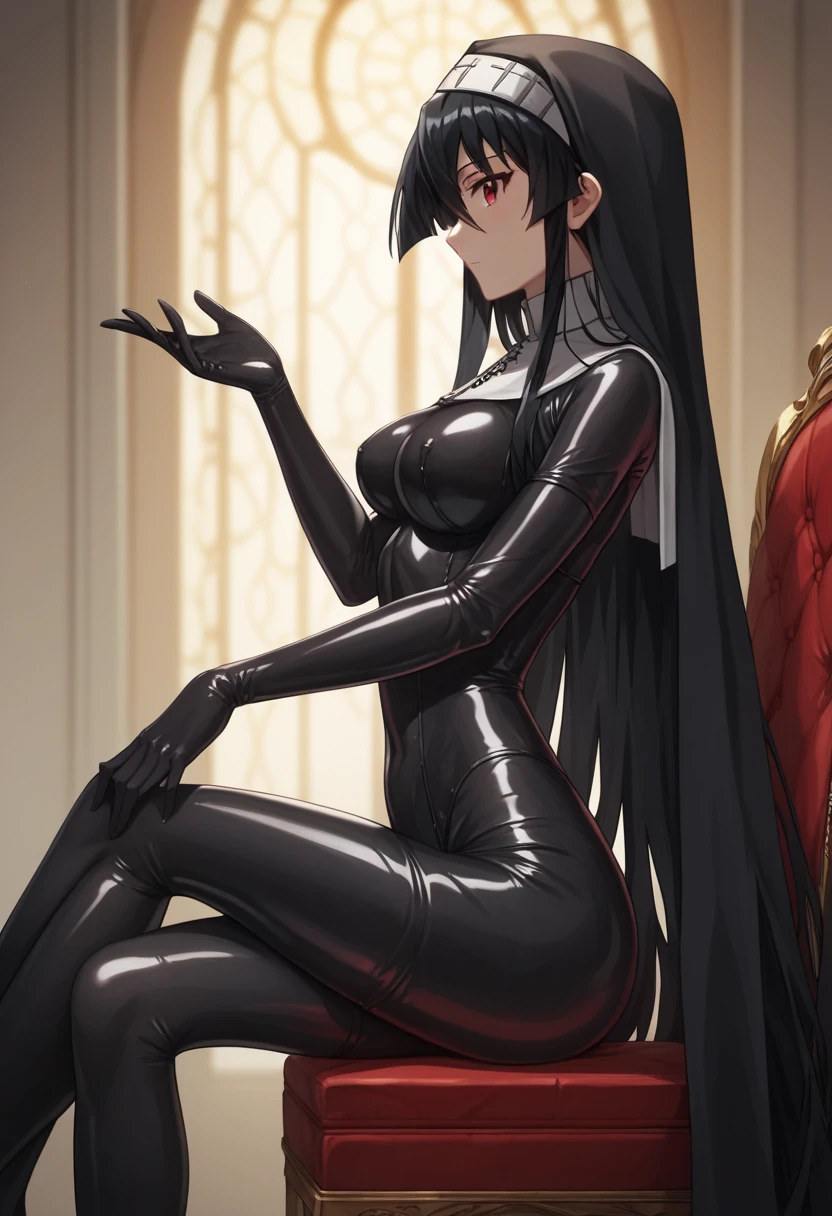 (masterpiece:1.2), best quality, high resolution, unity 8k wallpaper,perfect hands, perfect anatomy,1girl,solo,akame, long hair, black hair, red eyes, hair between eyes,Medium breasts,latex bodysuit nun, latex, nun, bodysuit, skin tight, black   bodysuit, shiny clothes,sitting on chair, crossed legs, from side,looking at me, extremely detailed face, perfect lighting, extremely detailed CG, (illustration:0.8)