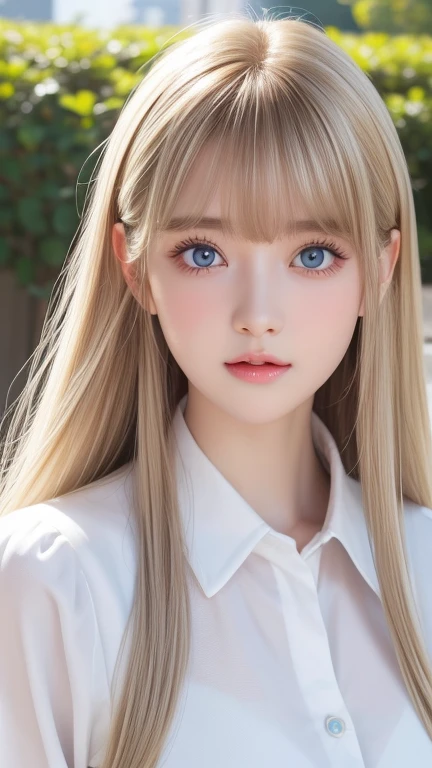  portrait、( school uniform )、young, shiny, very white, bright glossy skin、The best baby face looks、Bite your hair、、Blonde reflection、 natural platinum blonde hair with dazzling highlights 、 shiny bright hair ,、 Smooth, Super Long, Super Long Straight Hair 、Shiny, beautiful bangs、Bangs between the eyes、 bangs over eyes 、Bangs above the face、 big bright sky blue eyes that are shining, clear, extremely vivid、 Very Big Eyes 、very beautiful lovely cute  girl 、Ample Bust、With slit、((I could see the whole body))、Small Face Beauty、Round face、 cheek gloss highlights、