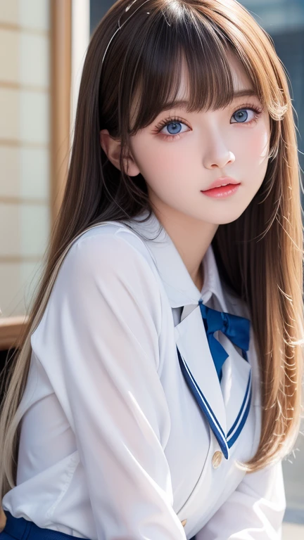  portrait、( school uniform )、young, shiny, very white, bright glossy skin、The best  looks、Bite your hair、、Blonde reflection、 natural platinum blonde hair with dazzling highlights 、 shiny bright hair ,、 Smooth, Super Long, Super Long Straight Hair 、Shiny, beautiful bangs、Bangs between the eyes、 bangs over eyes 、Bangs above the face、 big bright sky blue eyes that are shining, clear, extremely vivid、 Very Big Eyes 、very beautiful lovely cute  girl 、Ample Bust、With slit、((I could see the whole body))、Small Face Beauty、Round face、 cheek gloss highlights、